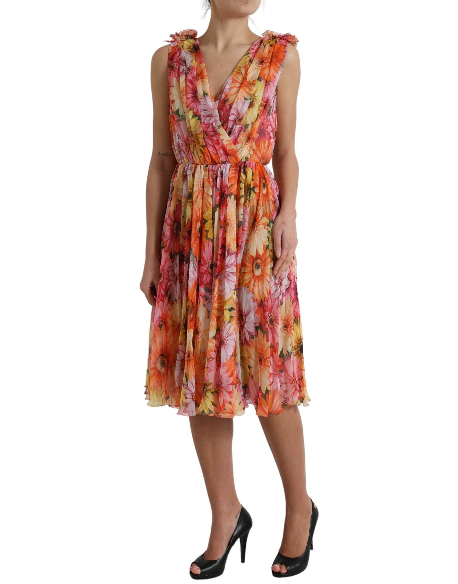 Dolce & Gabbana Elegant Floral Silk Midi Dress with V-Neck - Hilstor