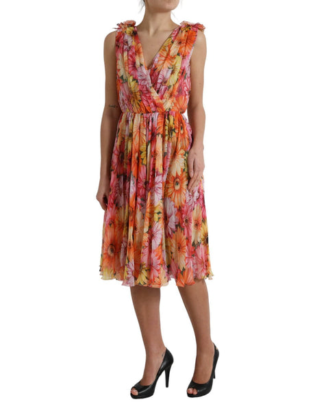 Dolce & Gabbana Elegant Floral Silk Midi Dress with V-Neck - Hilstor