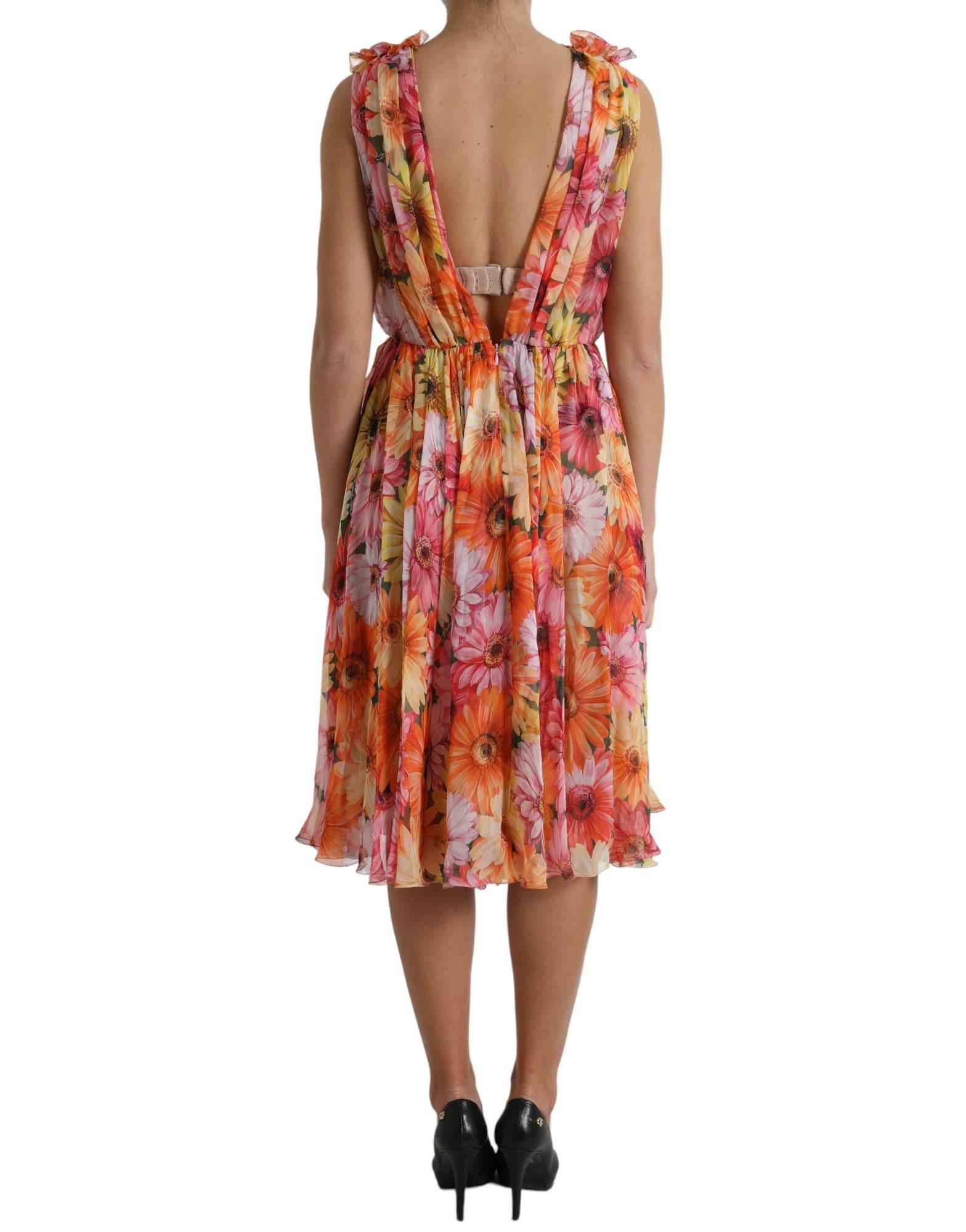 Dolce & Gabbana Elegant Floral Silk Midi Dress with V-Neck - Hilstor