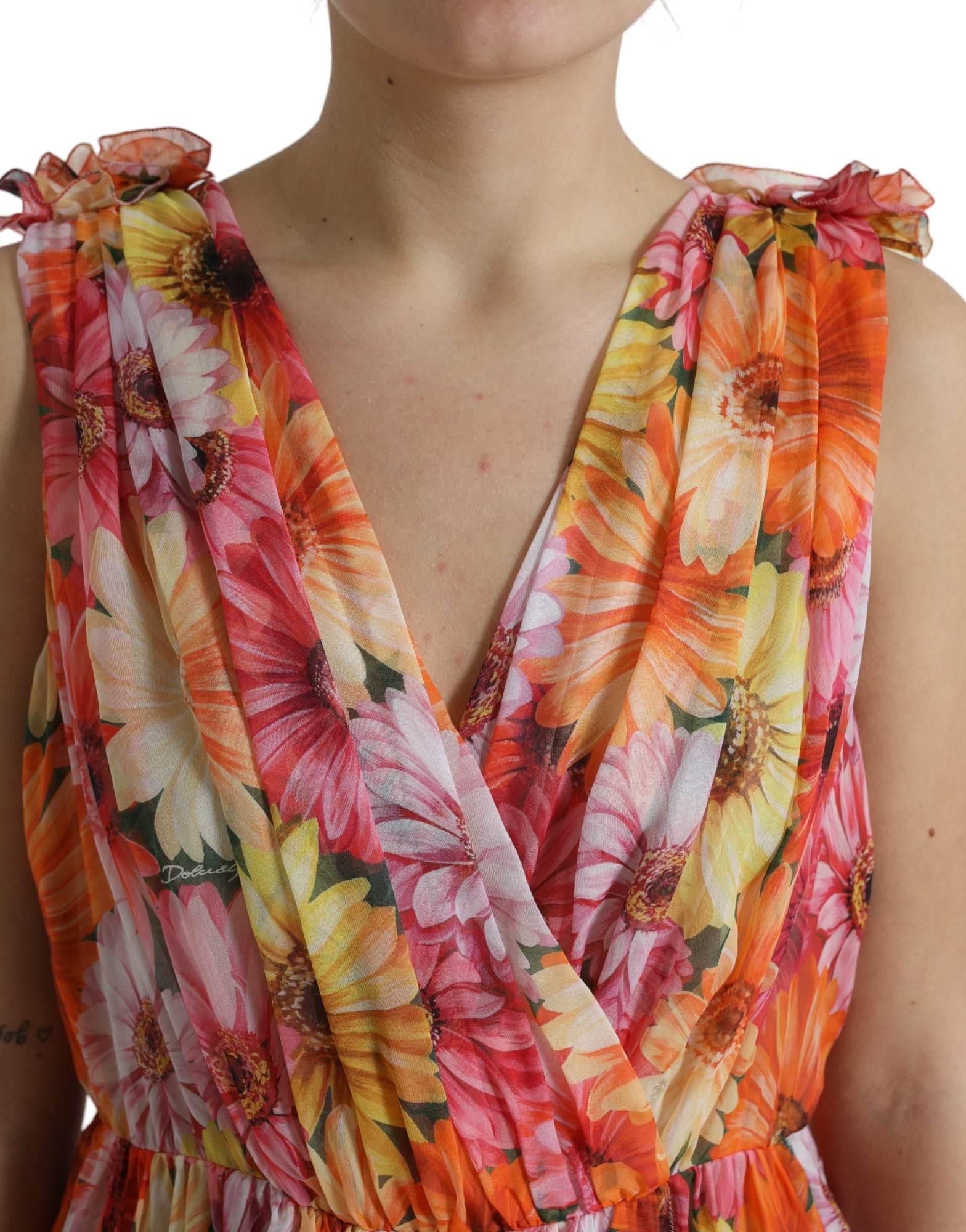 Dolce & Gabbana Elegant Floral Silk Midi Dress with V-Neck - Hilstor