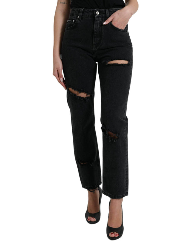 Dolce & Gabbana Black Cotton High Waist Tattered Denim Jeans - Hilstor