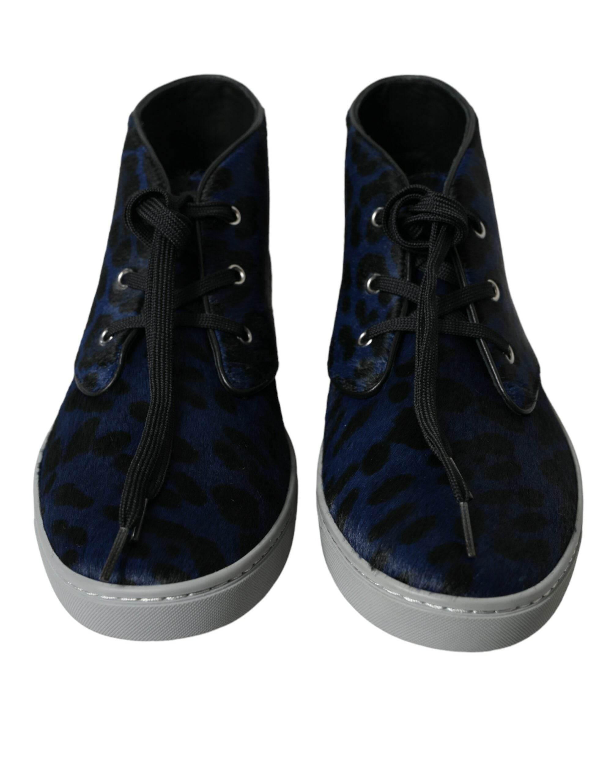 Dolce & Gabbana Blue Calfskin Leopard Mid Top Sneakers Shoes - Hilstor