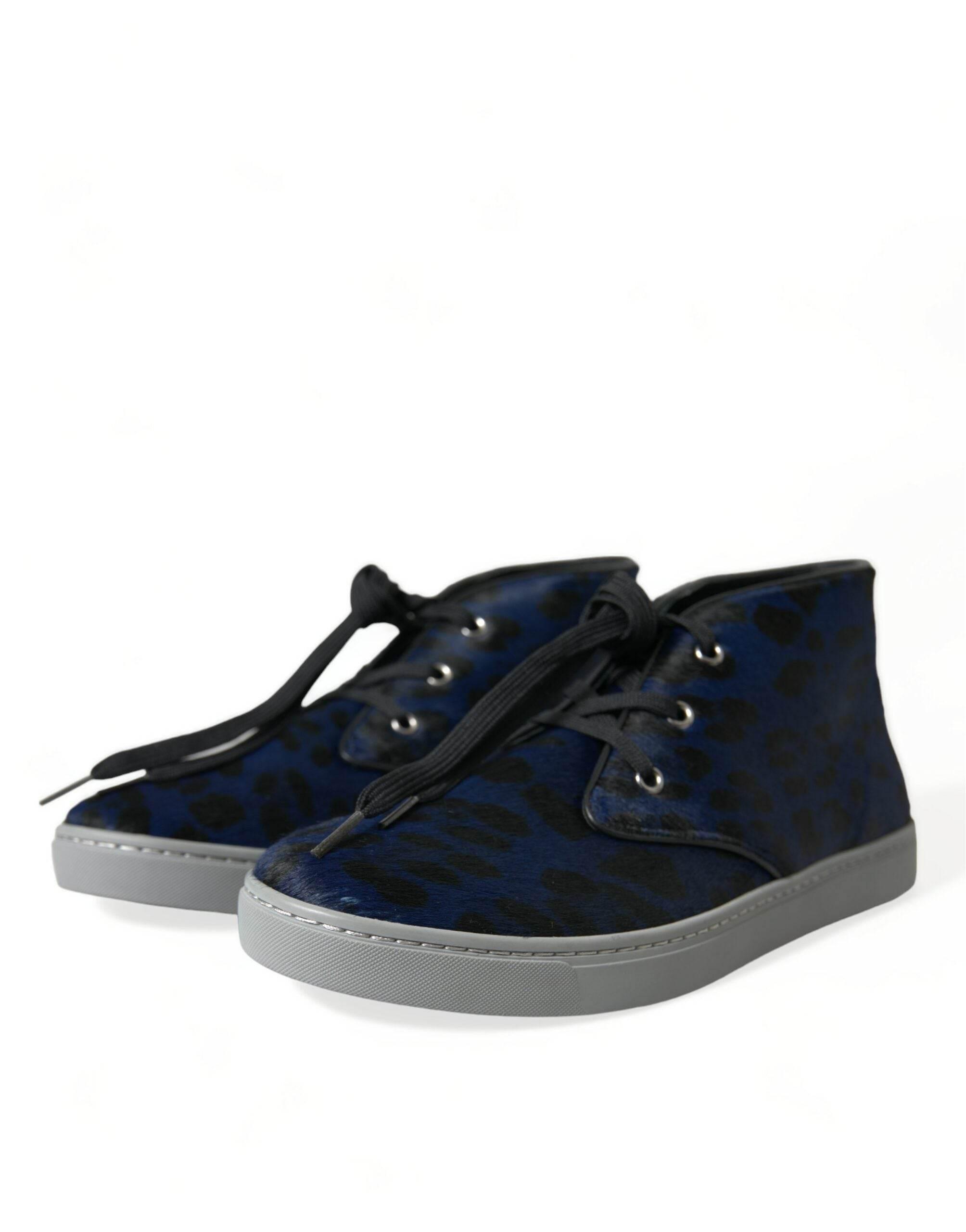 Dolce & Gabbana Blue Calfskin Leopard Mid Top Sneakers Shoes - Hilstor