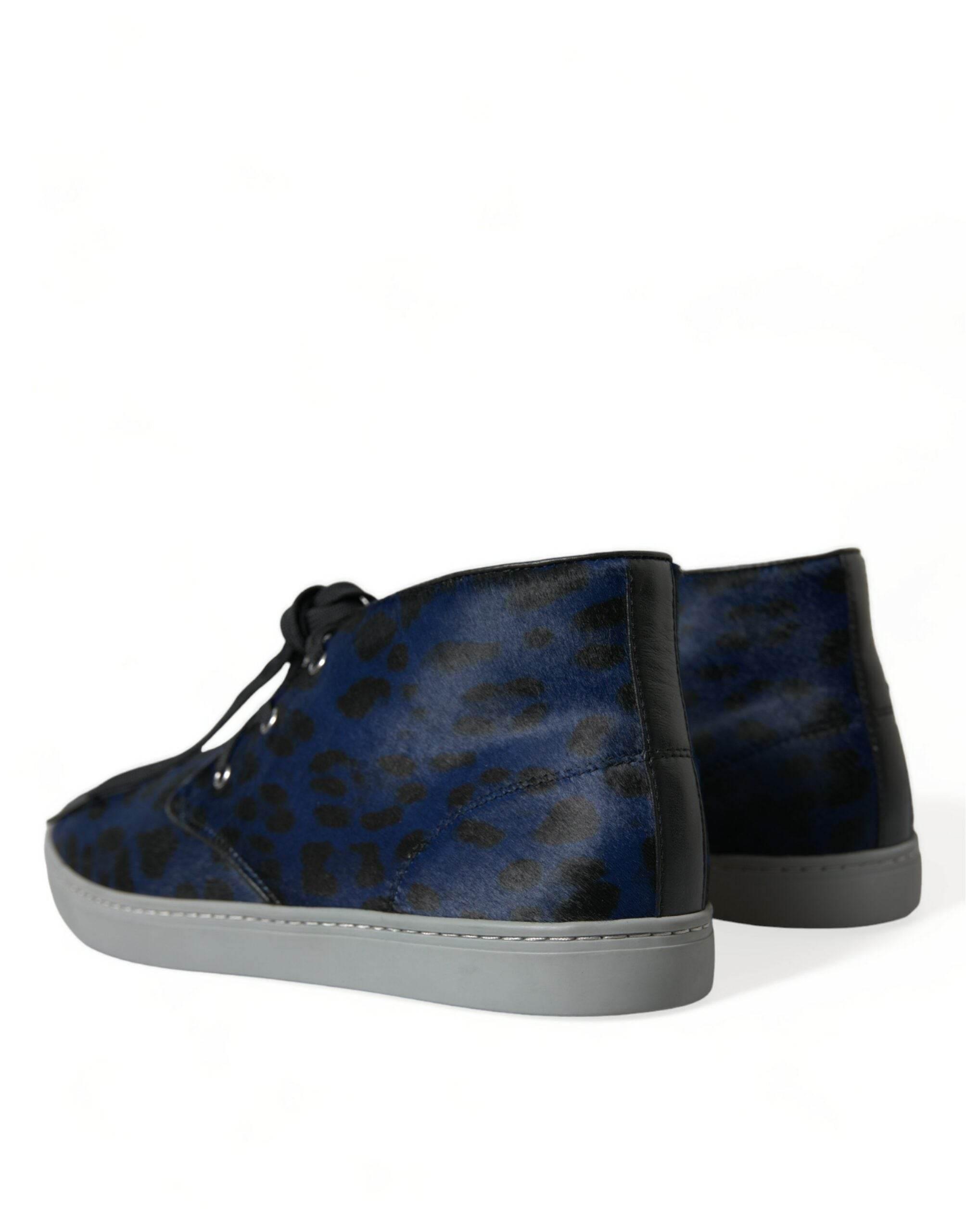 Dolce & Gabbana Blue Calfskin Leopard Mid Top Sneakers Shoes - Hilstor