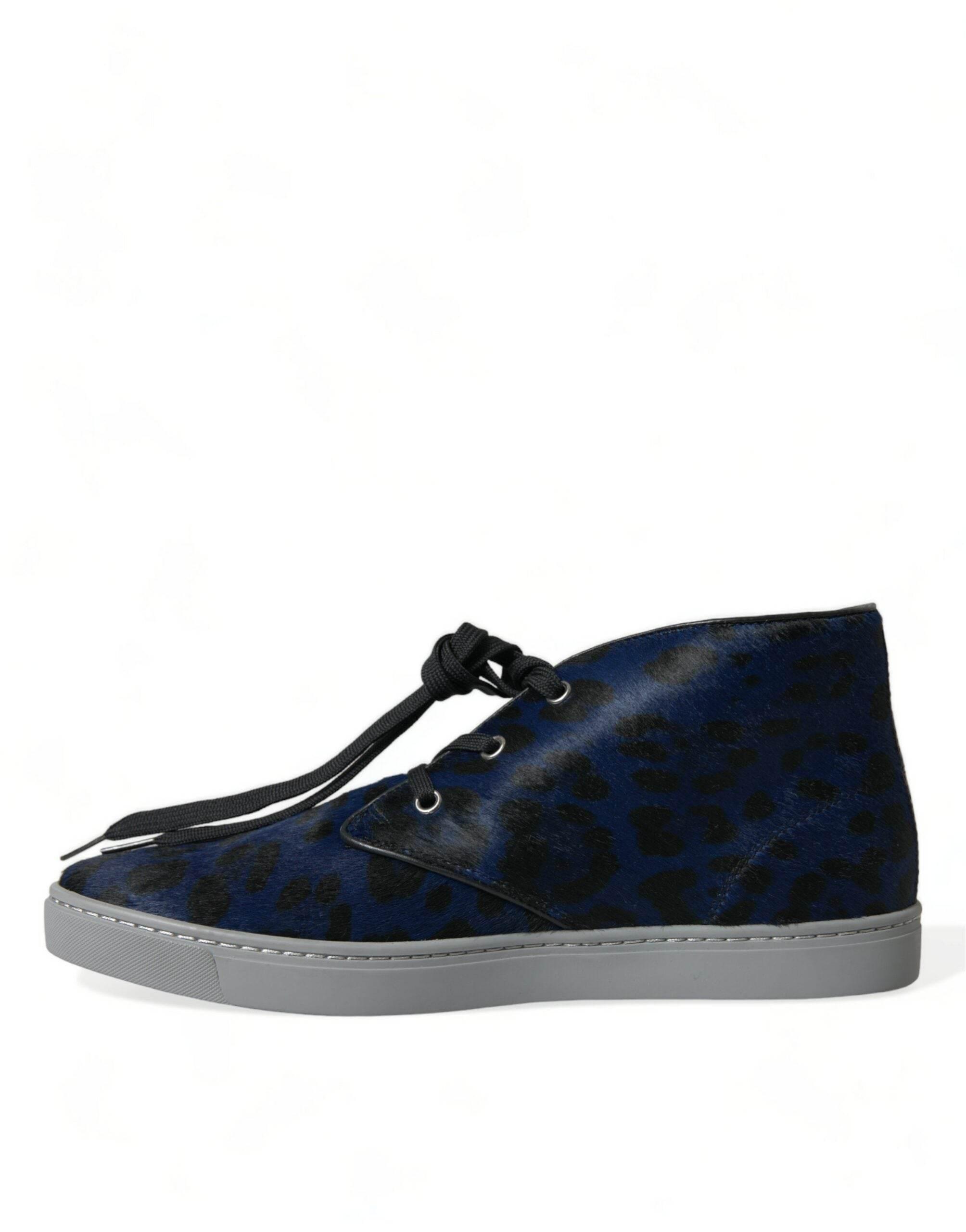 Dolce & Gabbana Blue Calfskin Leopard Mid Top Sneakers Shoes - Hilstor