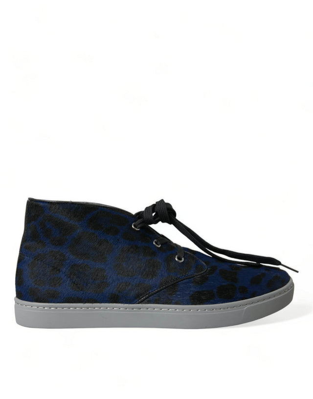 Dolce & Gabbana Blue Calfskin Leopard Mid Top Sneakers Shoes - Hilstor