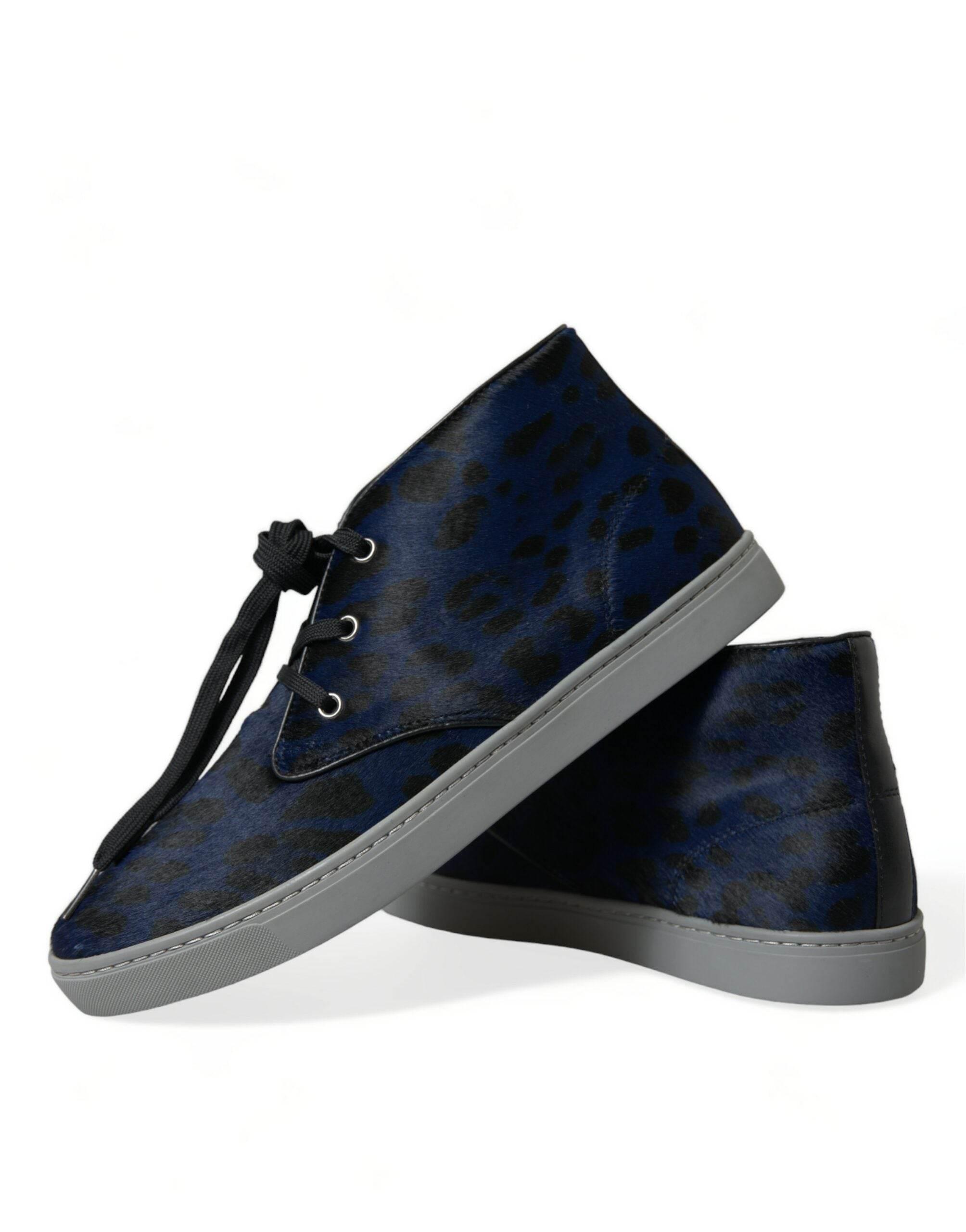 Dolce & Gabbana Blue Calfskin Leopard Mid Top Sneakers Shoes - Hilstor