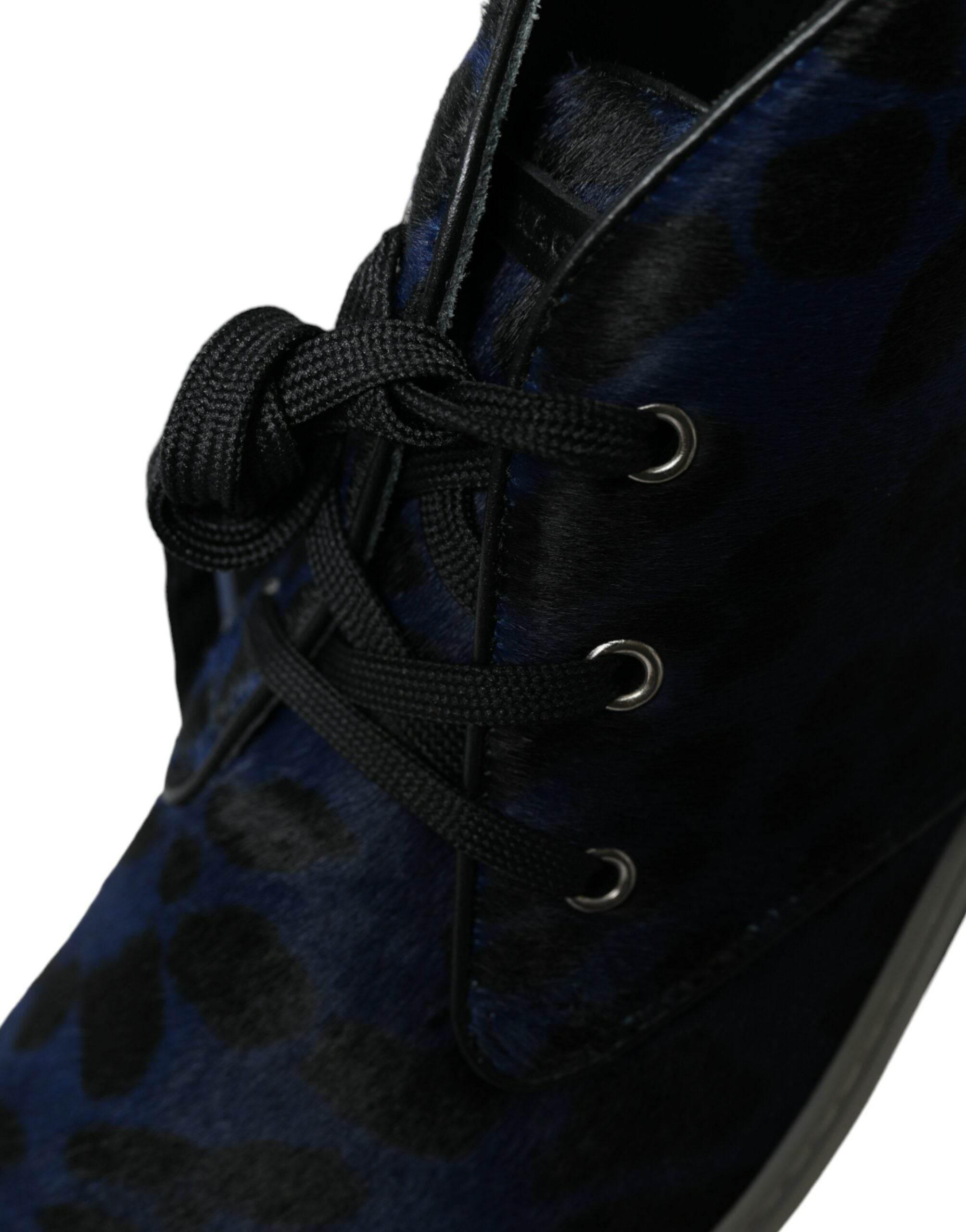 Dolce & Gabbana Blue Calfskin Leopard Mid Top Sneakers Shoes - Hilstor