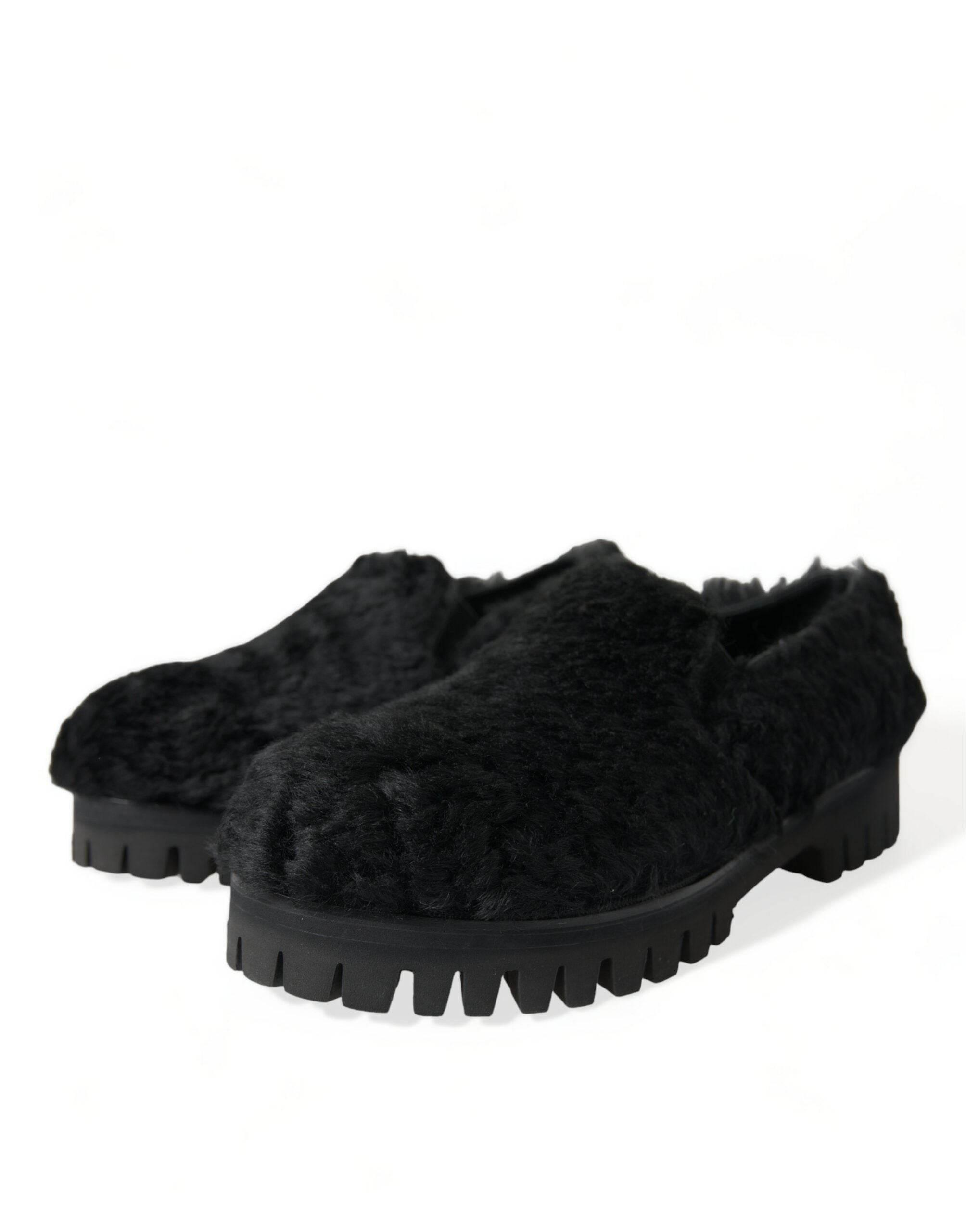 Dolce & Gabbana Elegant Black Fur Slip On Loafers for Men - Hilstor