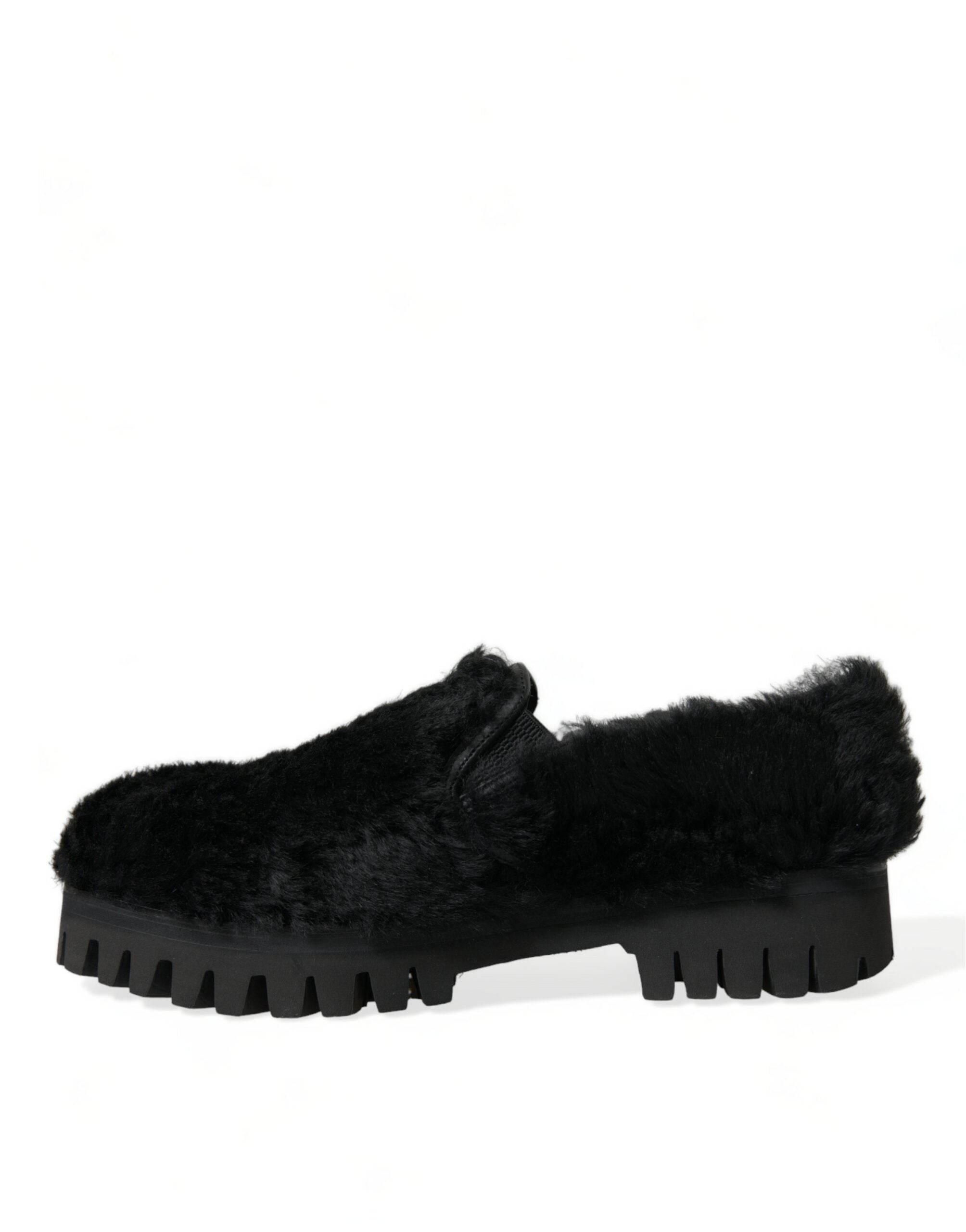 Dolce & Gabbana Elegant Black Fur Slip On Loafers for Men - Hilstor