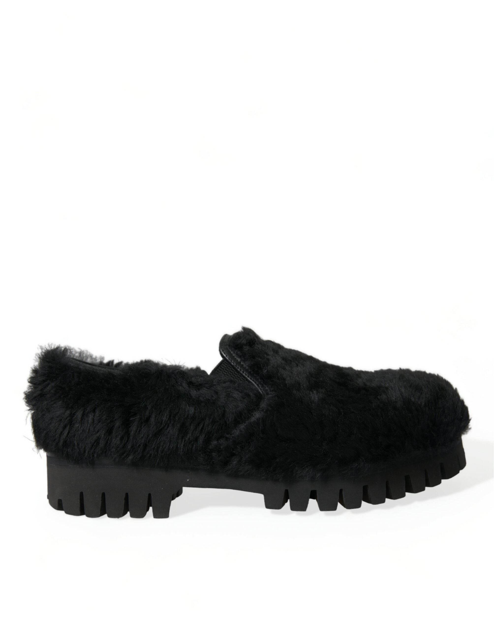 Dolce & Gabbana Elegant Black Fur Slip On Loafers for Men - Hilstor
