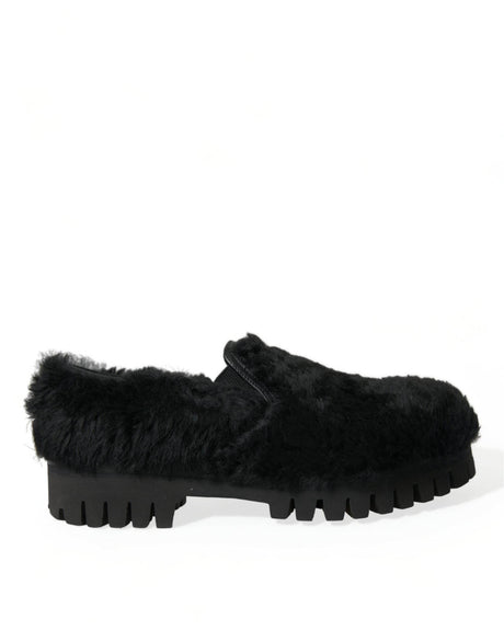 Dolce & Gabbana Elegant Black Fur Slip On Loafers for Men - Hilstor