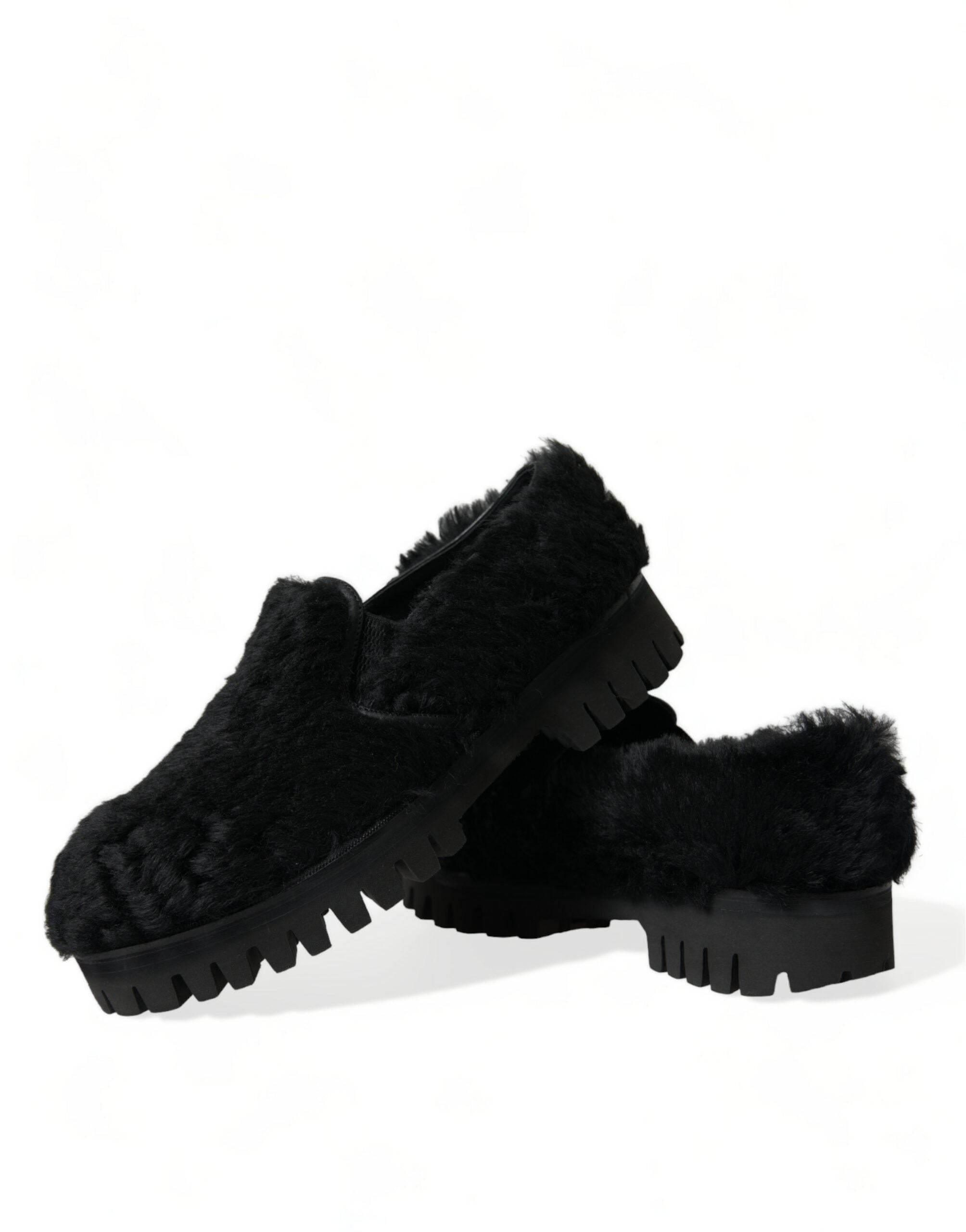 Dolce & Gabbana Elegant Black Fur Slip On Loafers for Men - Hilstor