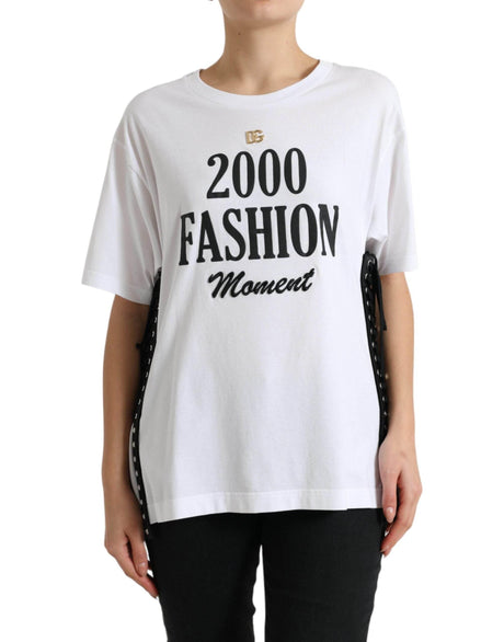 Dolce & Gabbana White Slogan Print Lacing Detailed T-shirt - Hilstor
