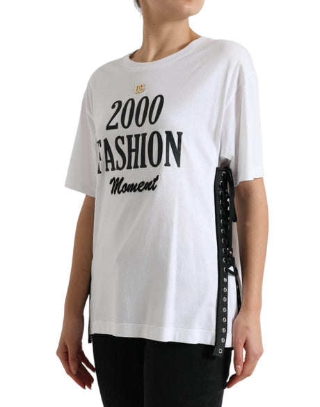 Dolce & Gabbana White Slogan Print Lacing Detailed T-shirt - Hilstor