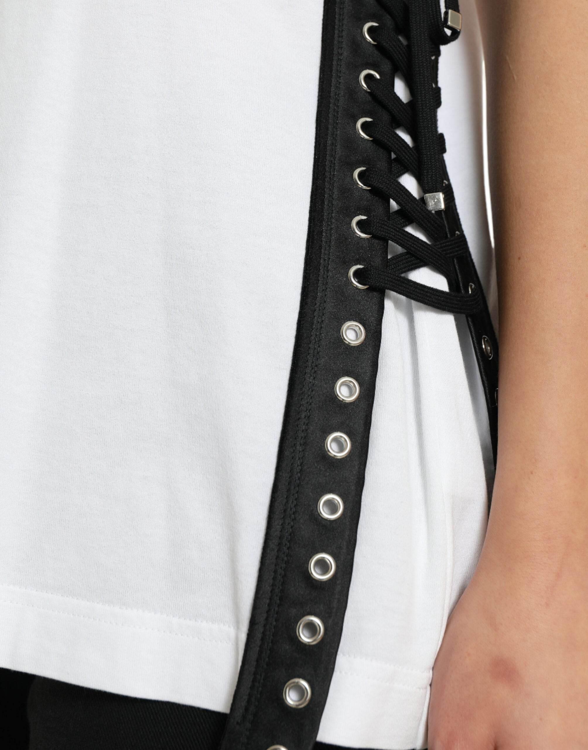 Dolce & Gabbana White Slogan Print Lacing Detailed T-shirt - Hilstor