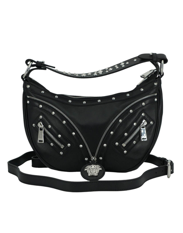 Versace Elegant Black Leather Hobo Shoulder Bag - Hilstor