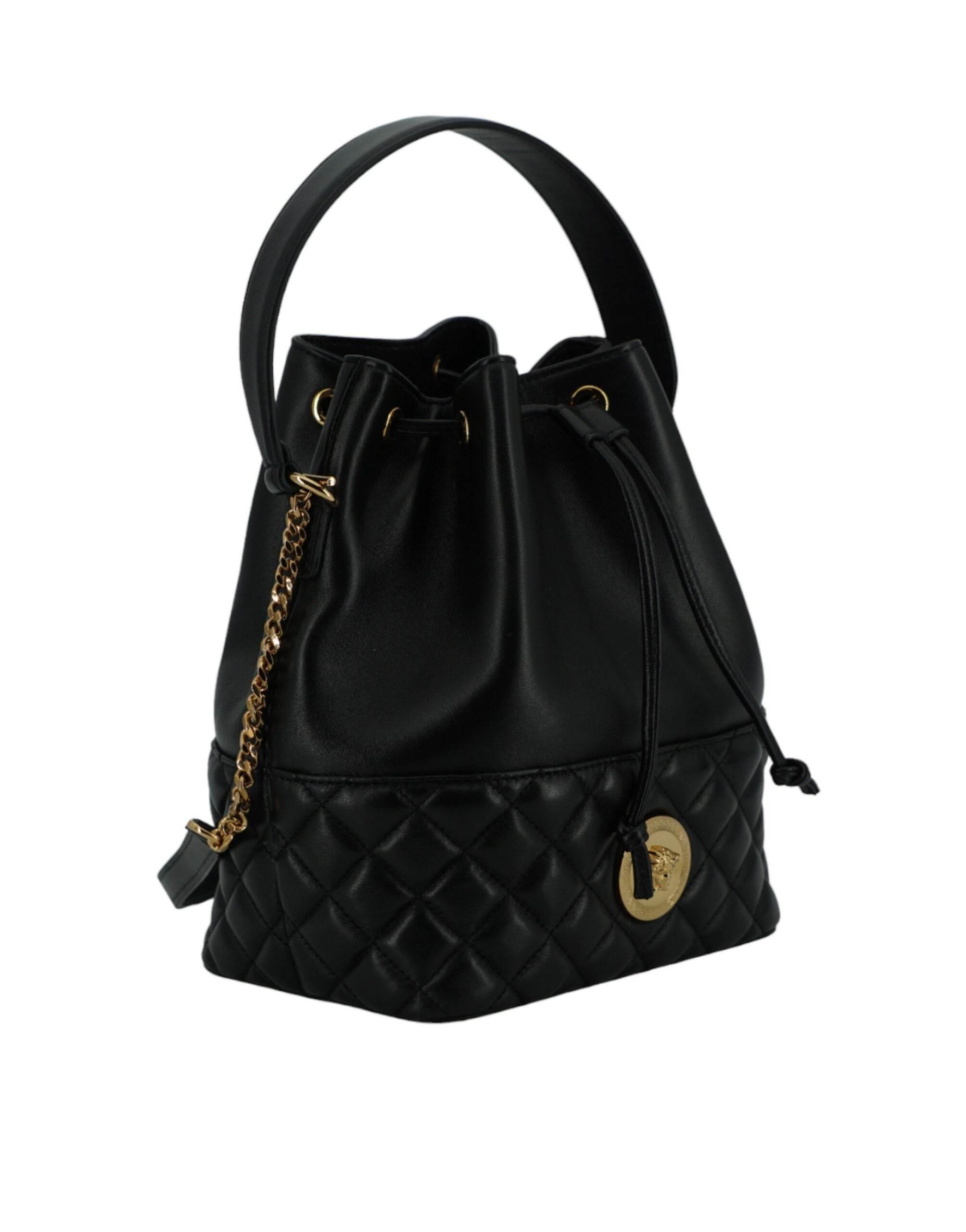 Versace Elegant Black Leather Medusa Bucket Shoulder Bag - Hilstor