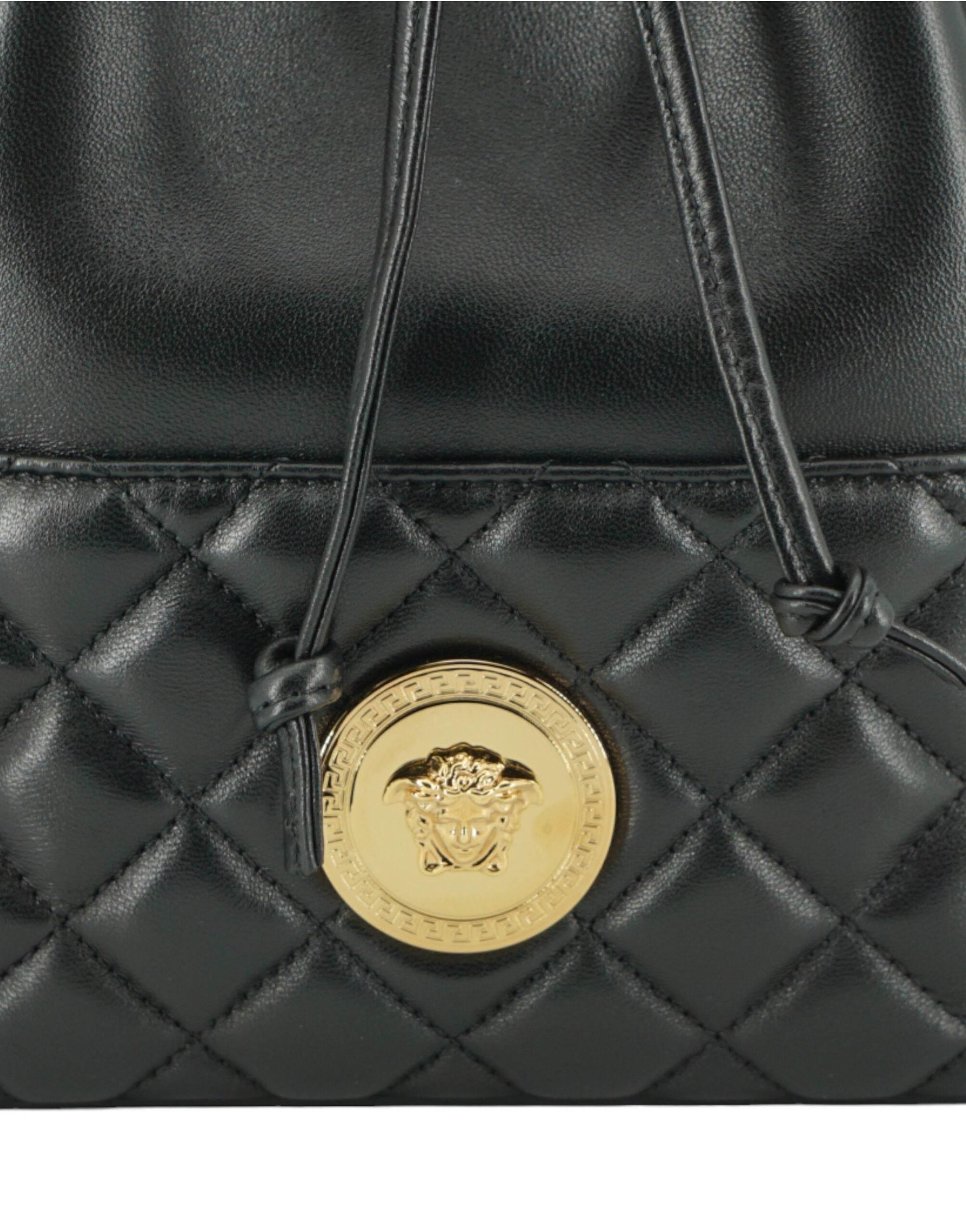 Versace Elegant Black Leather Medusa Bucket Shoulder Bag - Hilstor