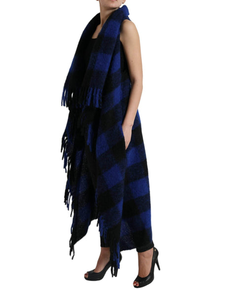 Dolce & Gabbana Black Blue Buffalo Check Poncho Coat Sweater - Hilstor