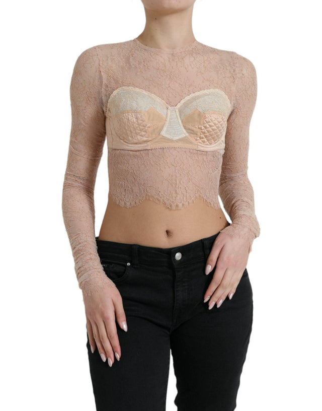 Dolce & Gabbana Beige Nylon Floral Lace Bustier Cropped Top - Hilstor