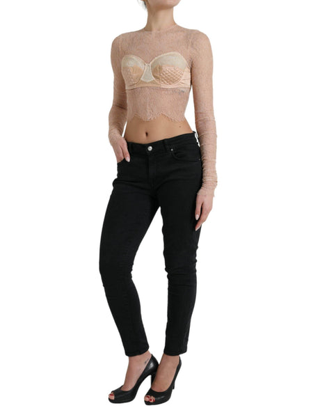 Dolce & Gabbana Beige Nylon Floral Lace Bustier Cropped Top - Hilstor