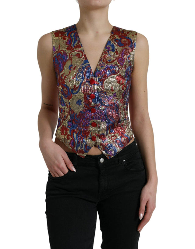 Dolce & Gabbana Multicolor Floral Print Jacquard Waistcoat Vest - Hilstor