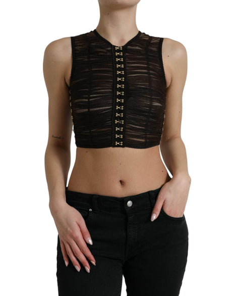 Dolce & Gabbana Brown Embellished Nylon Stretch Cropped Top - Hilstor