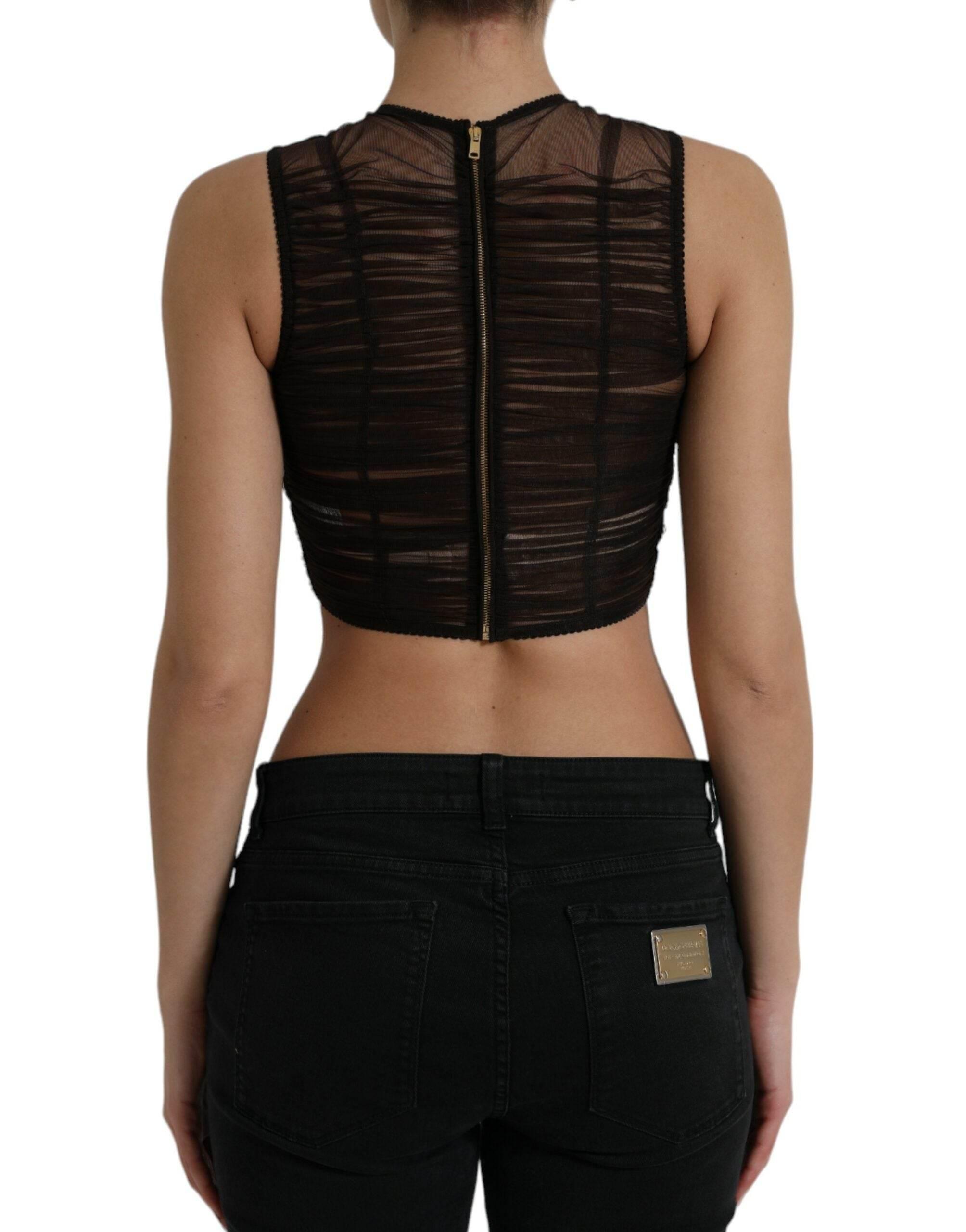 Dolce & Gabbana Brown Embellished Nylon Stretch Cropped Top - Hilstor