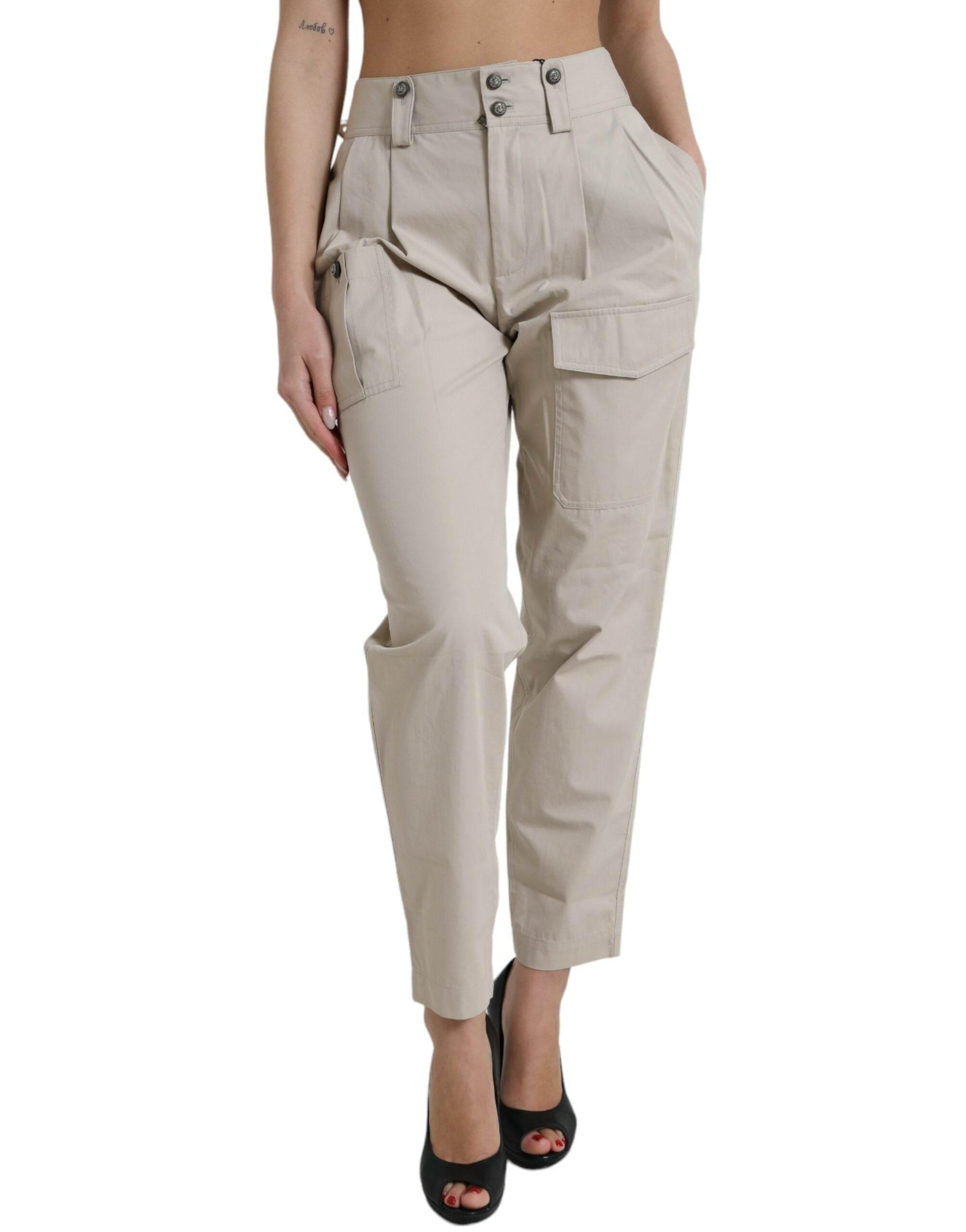 Dolce & Gabbana Beige Cotton High Waist Tapered Pants - Hilstor