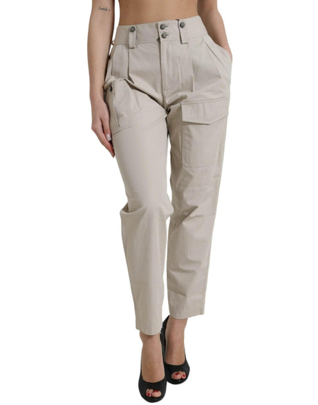 Dolce & Gabbana Beige Cotton High Waist Tapered Pants - Hilstor