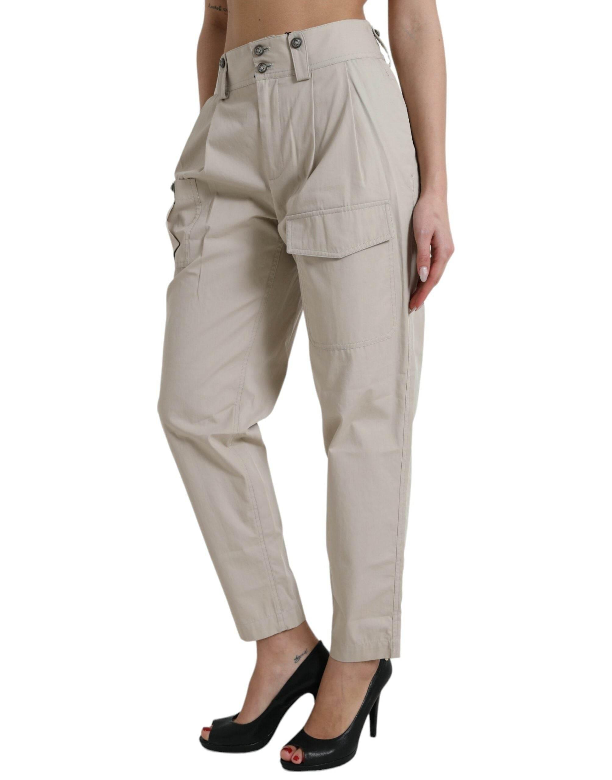 Dolce & Gabbana Beige Cotton High Waist Tapered Pants - Hilstor