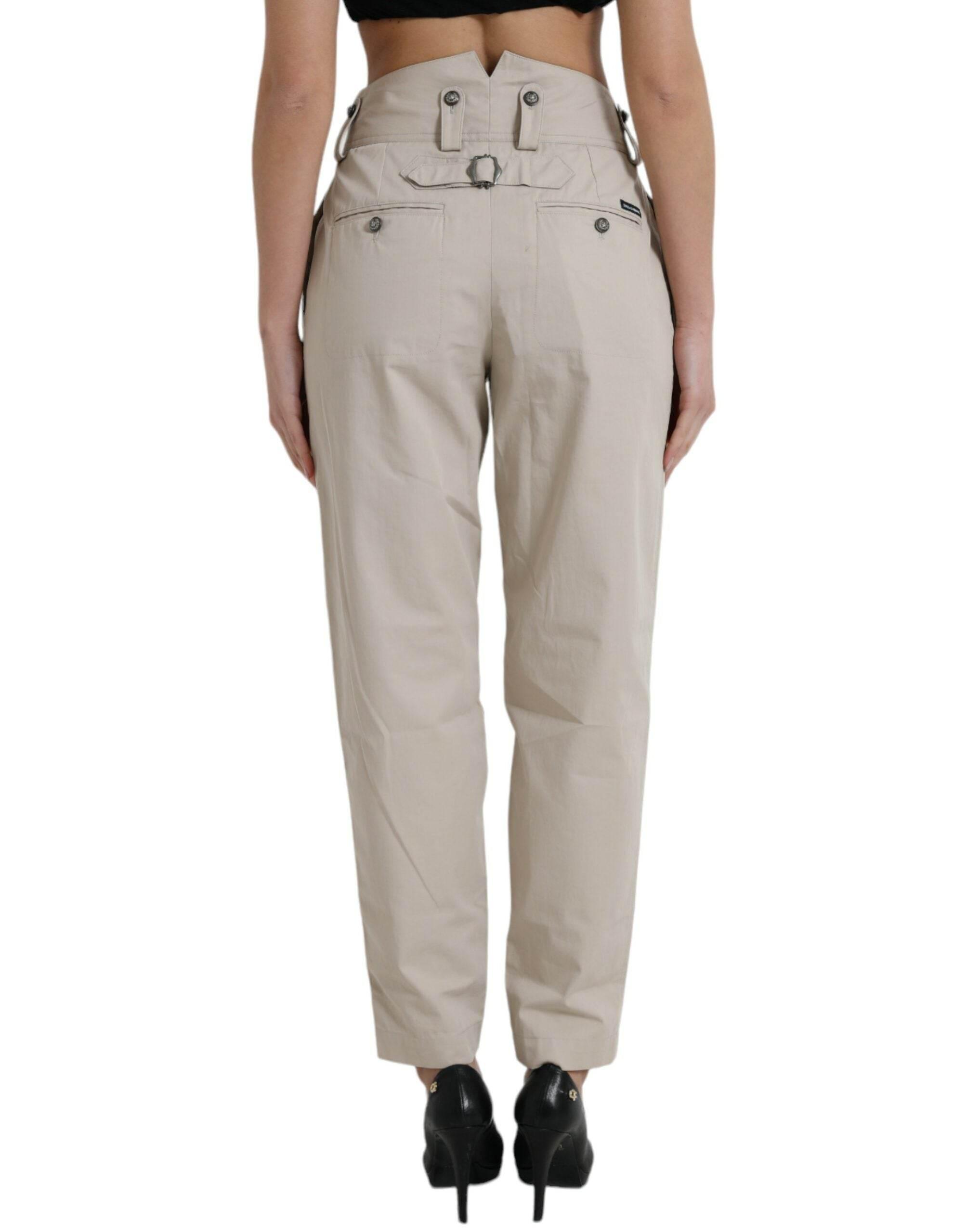Dolce & Gabbana Beige Cotton High Waist Tapered Pants - Hilstor