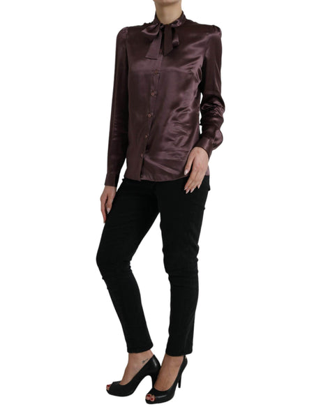 Dolce & Gabbana Brown Silk Ascot Collar Long Sleeve Blouse Top - Hilstor