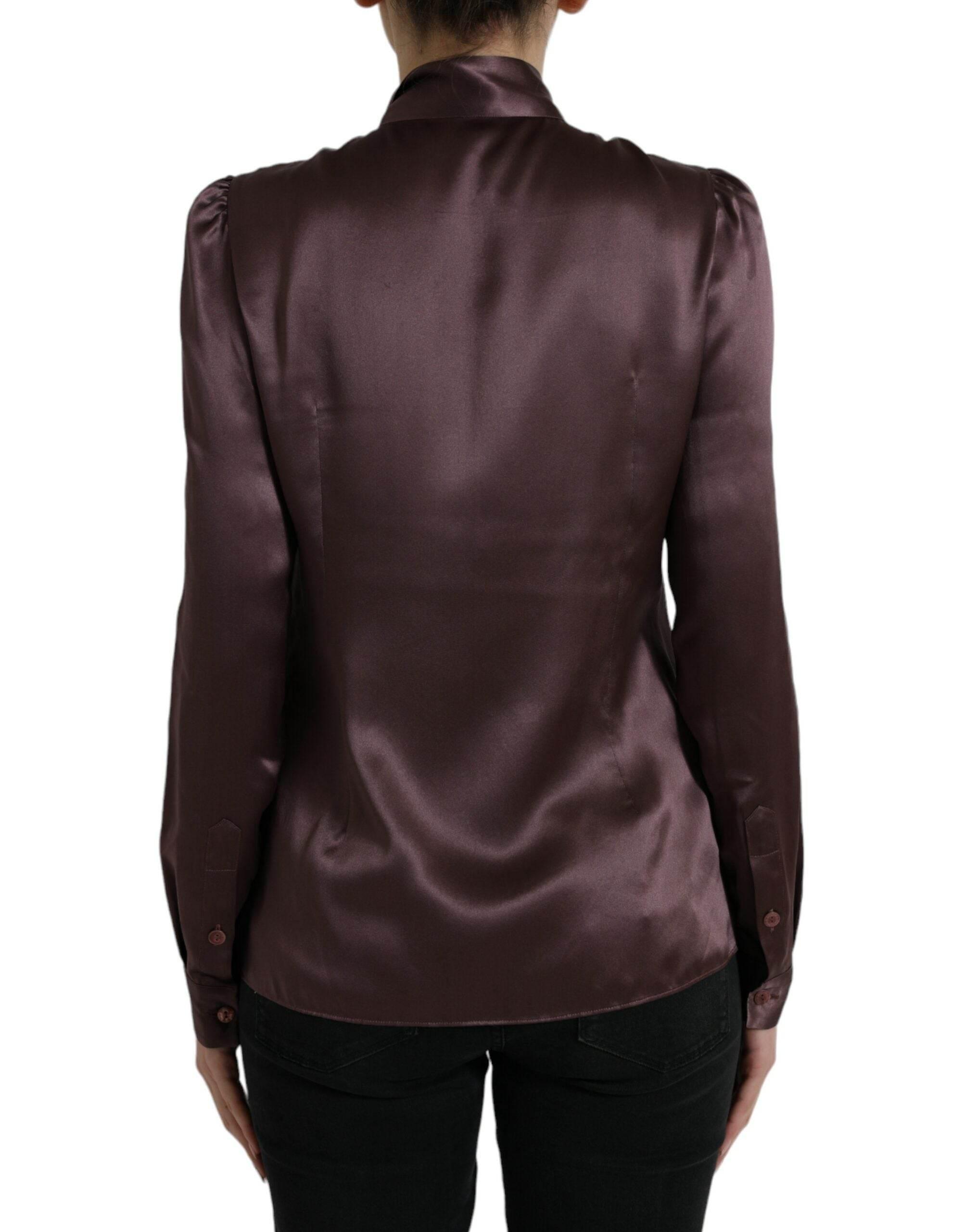 Dolce & Gabbana Brown Silk Ascot Collar Long Sleeve Blouse Top - Hilstor