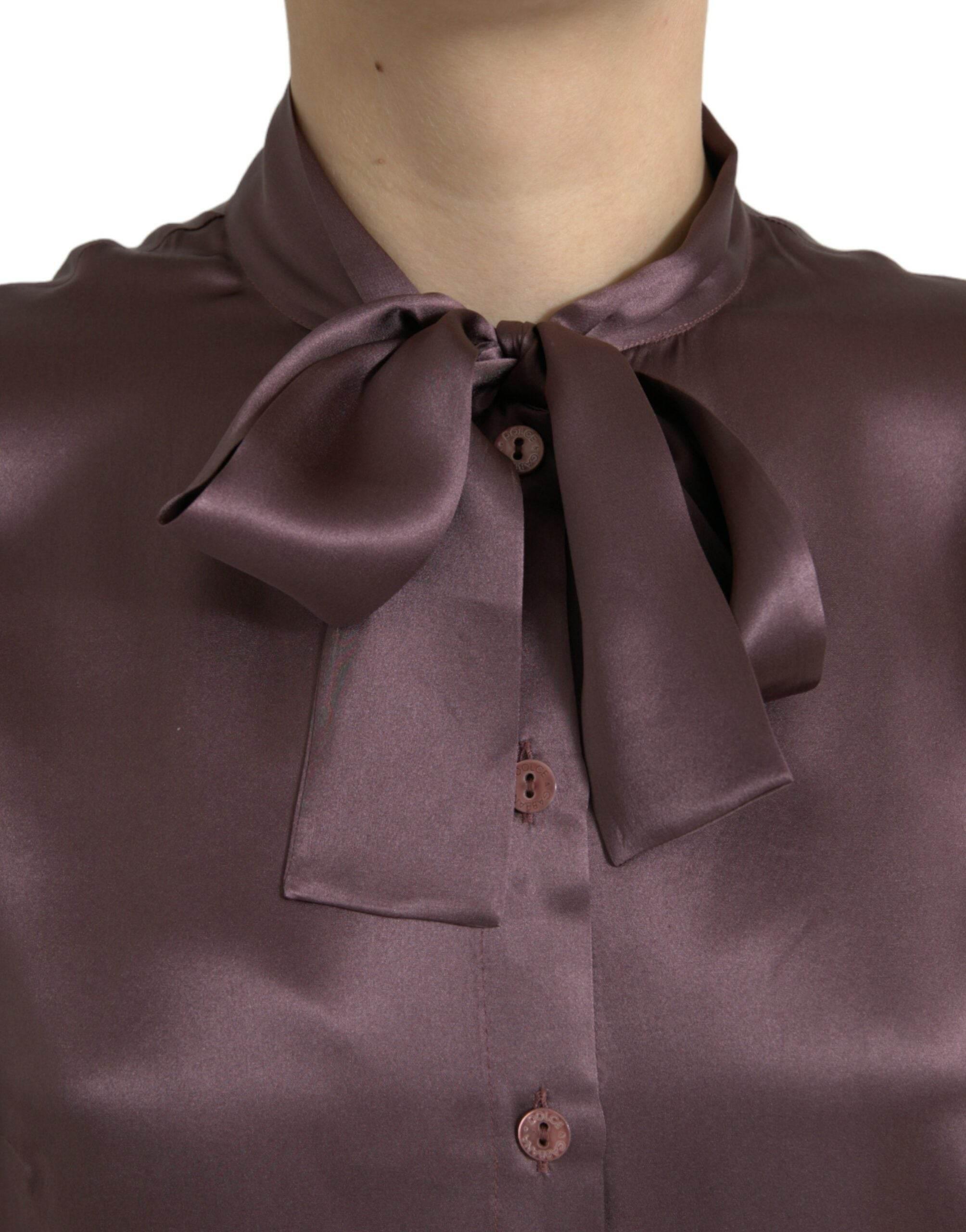 Dolce & Gabbana Brown Silk Ascot Collar Long Sleeve Blouse Top - Hilstor