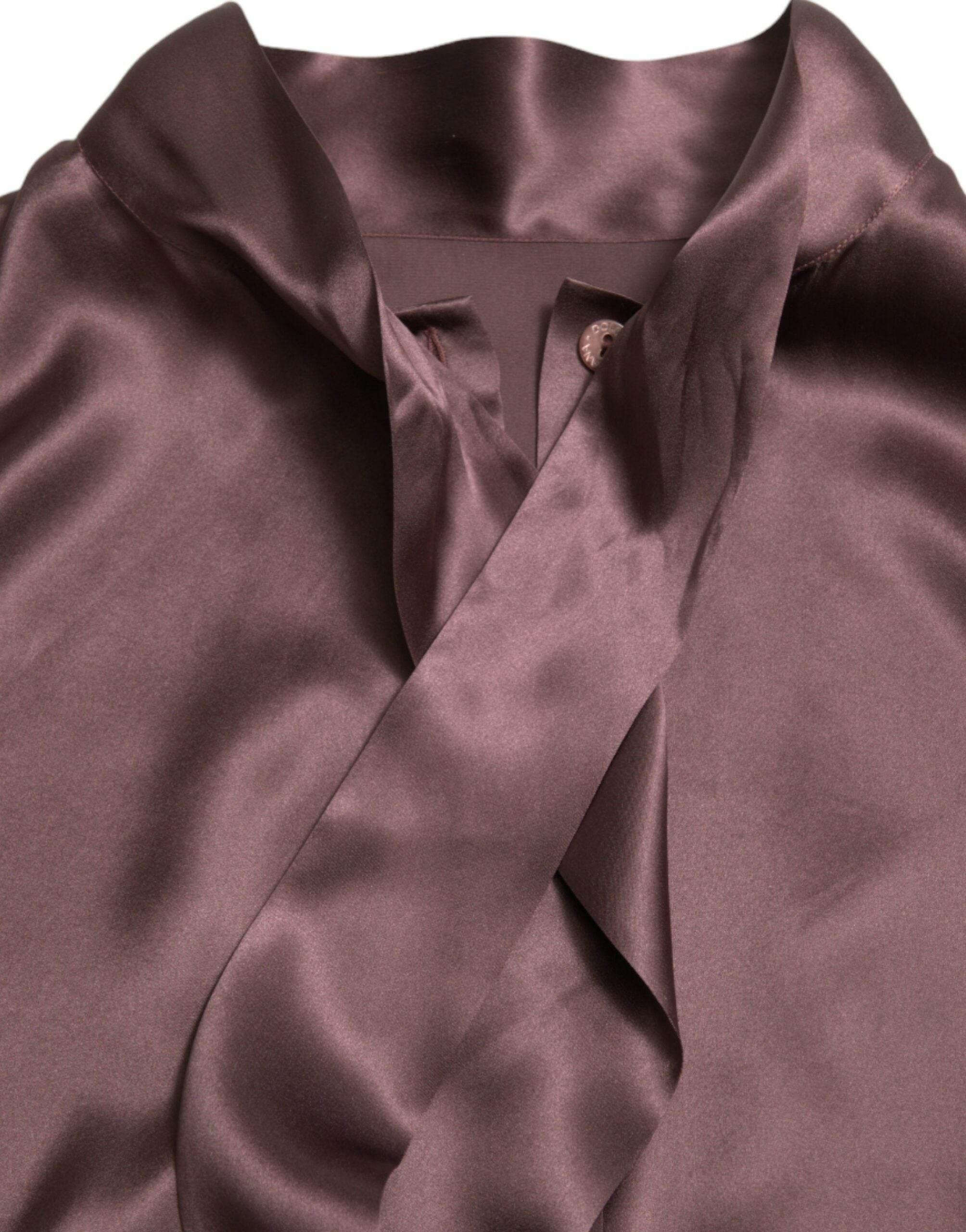 Dolce & Gabbana Brown Silk Ascot Collar Long Sleeve Blouse Top - Hilstor