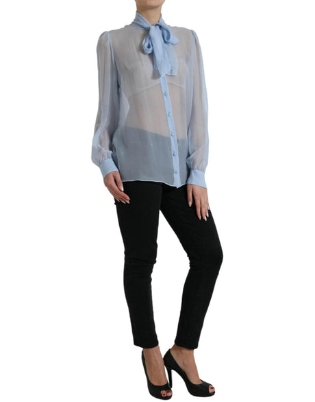 Dolce & Gabbana Blue Long Sleeves Ascot Collar Blouse Top - Hilstor