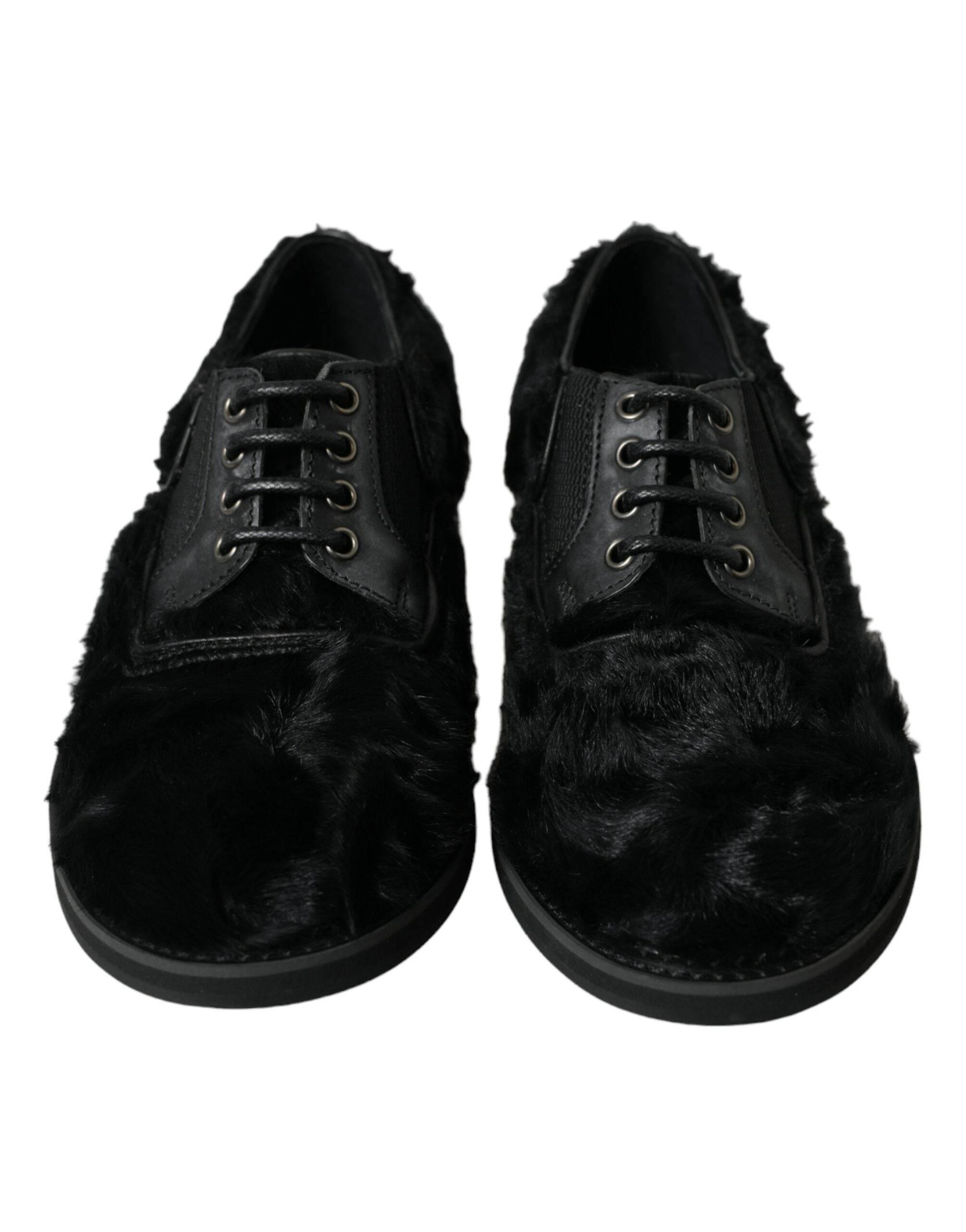 Dolce & Gabbana Elegant Black Fur Derby Dress Shoes for Men - Hilstor