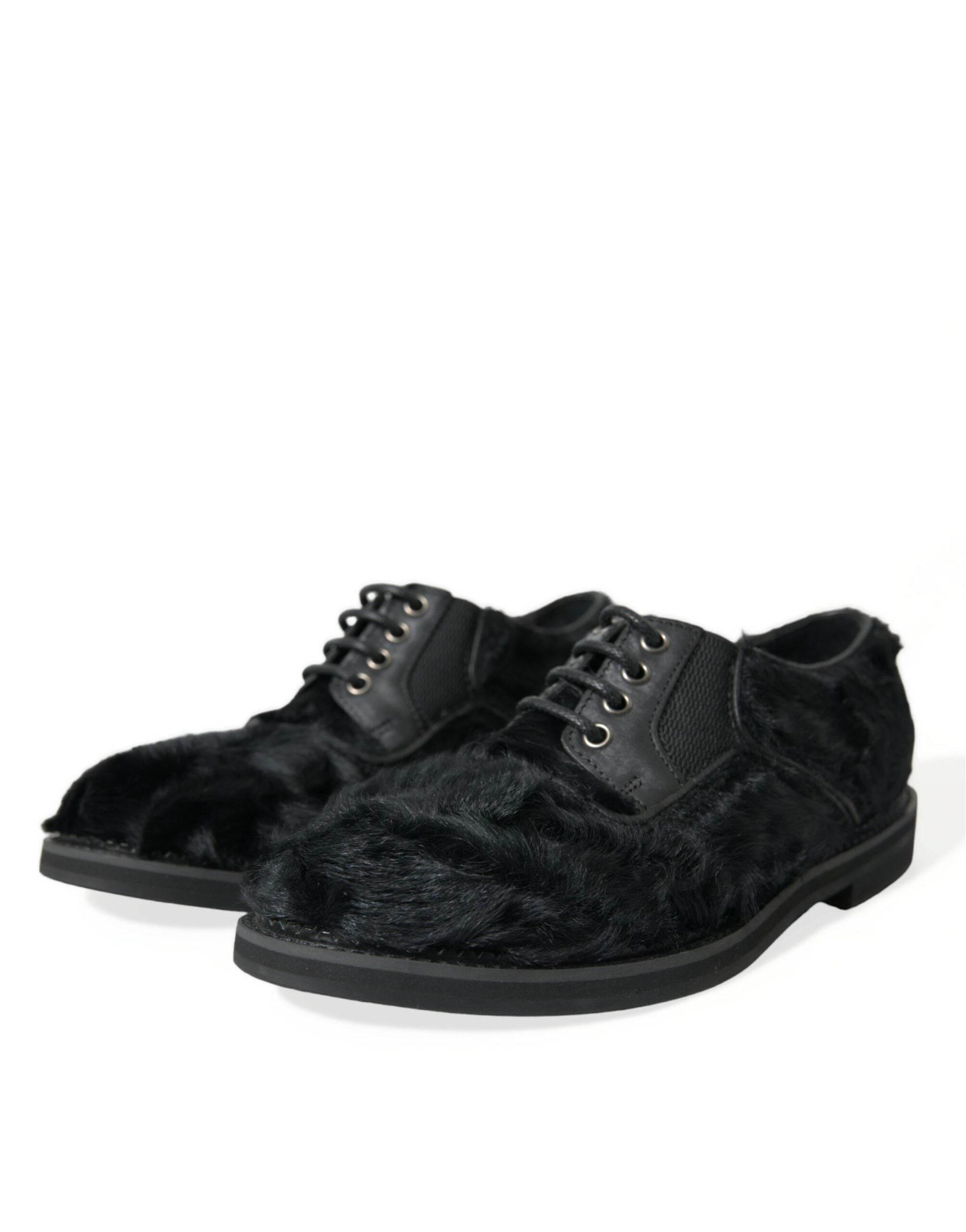 Dolce & Gabbana Elegant Black Fur Derby Dress Shoes for Men - Hilstor