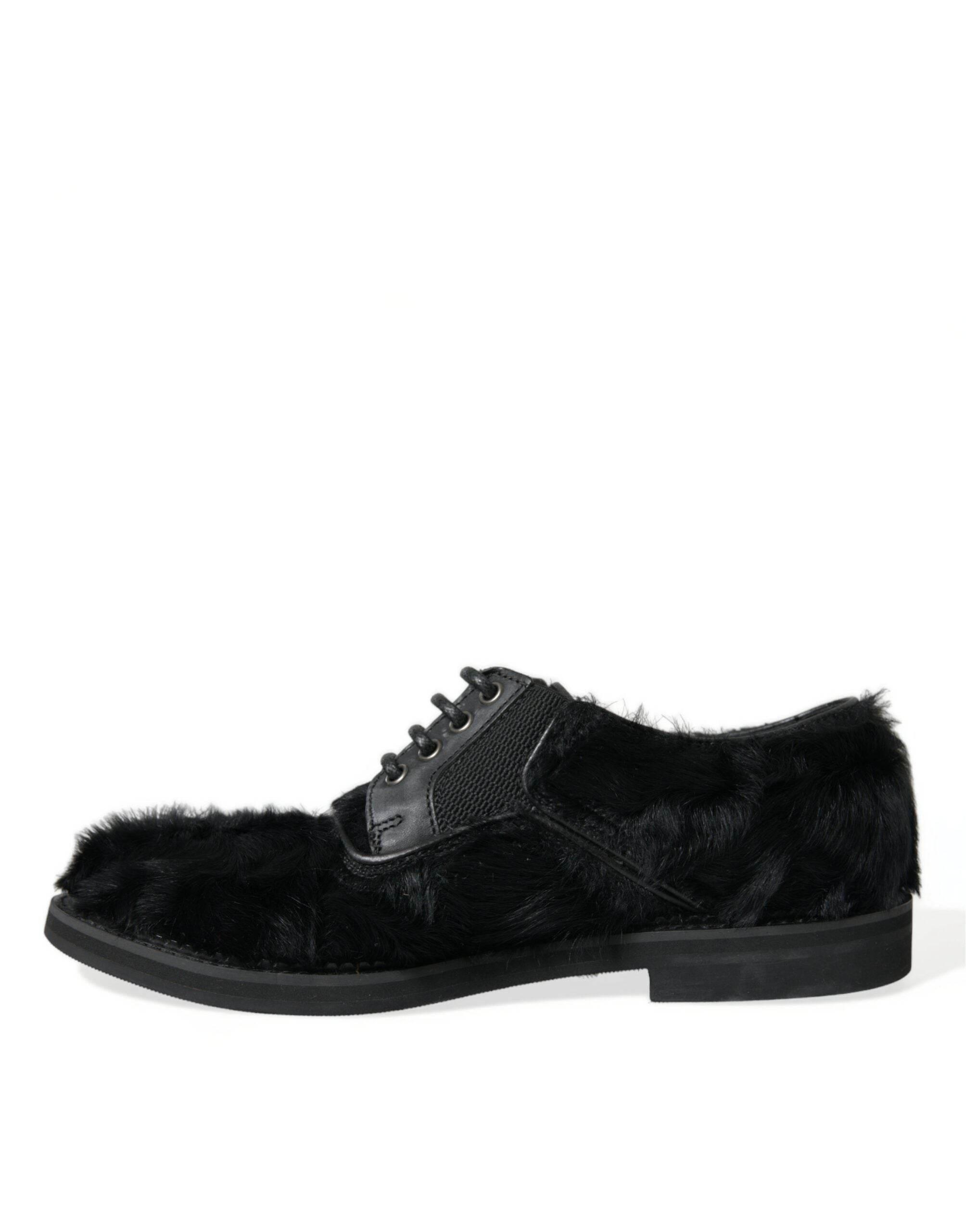 Dolce & Gabbana Elegant Black Fur Derby Dress Shoes for Men - Hilstor