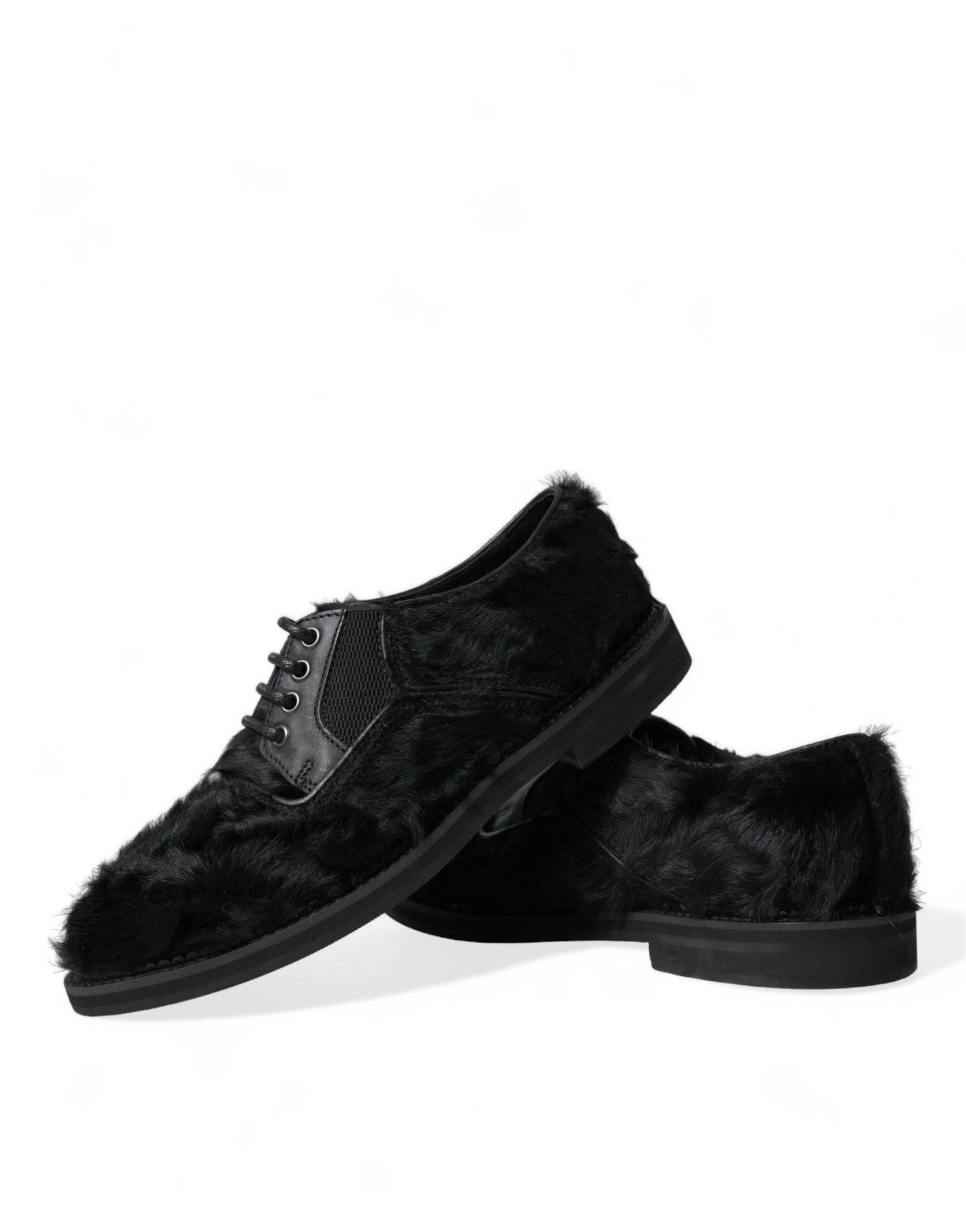 Dolce & Gabbana Elegant Black Fur Derby Dress Shoes for Men - Hilstor