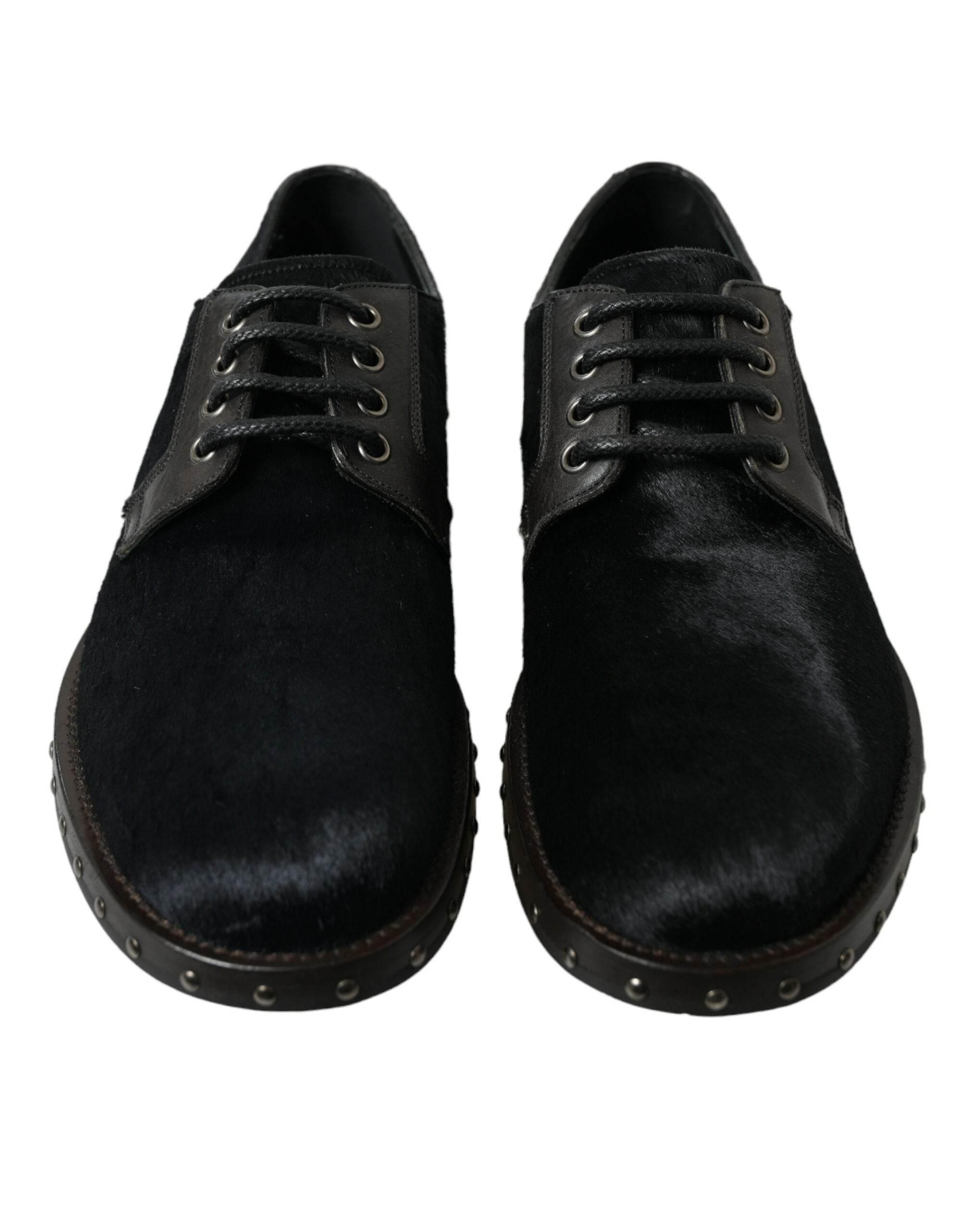 Dolce & Gabbana Elegant Black Calf Fur Derby Shoes - Hilstor