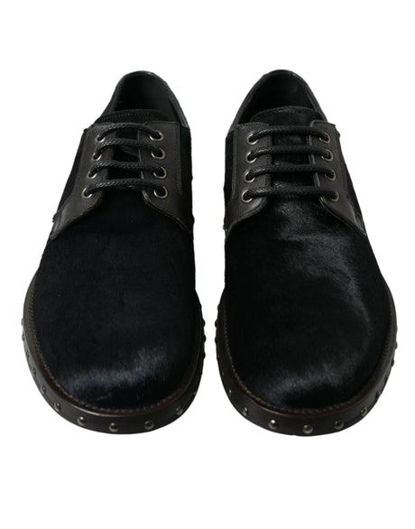 Dolce & Gabbana Elegant Black Calf Fur Derby Shoes - Hilstor
