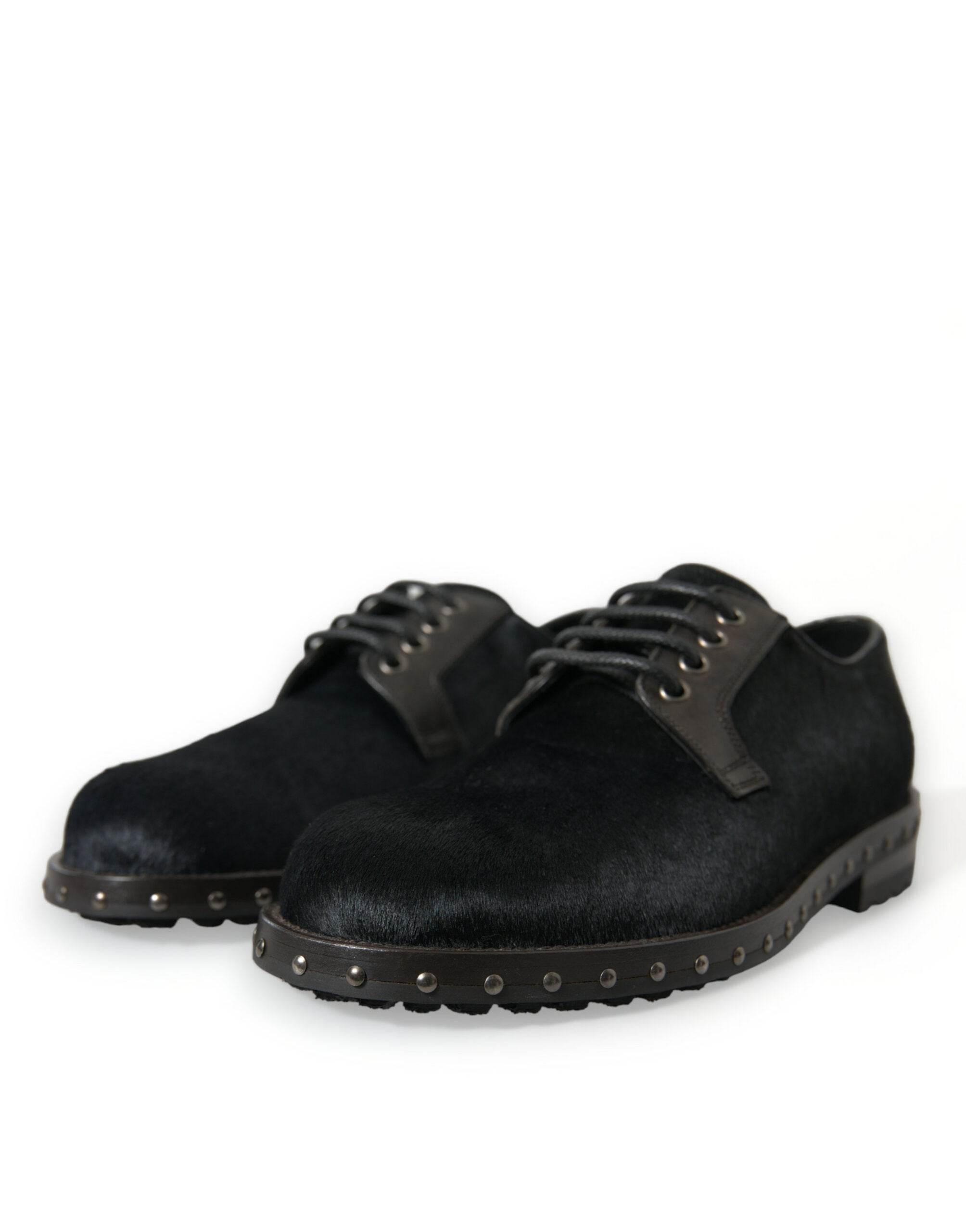 Dolce & Gabbana Elegant Black Calf Fur Derby Shoes - Hilstor