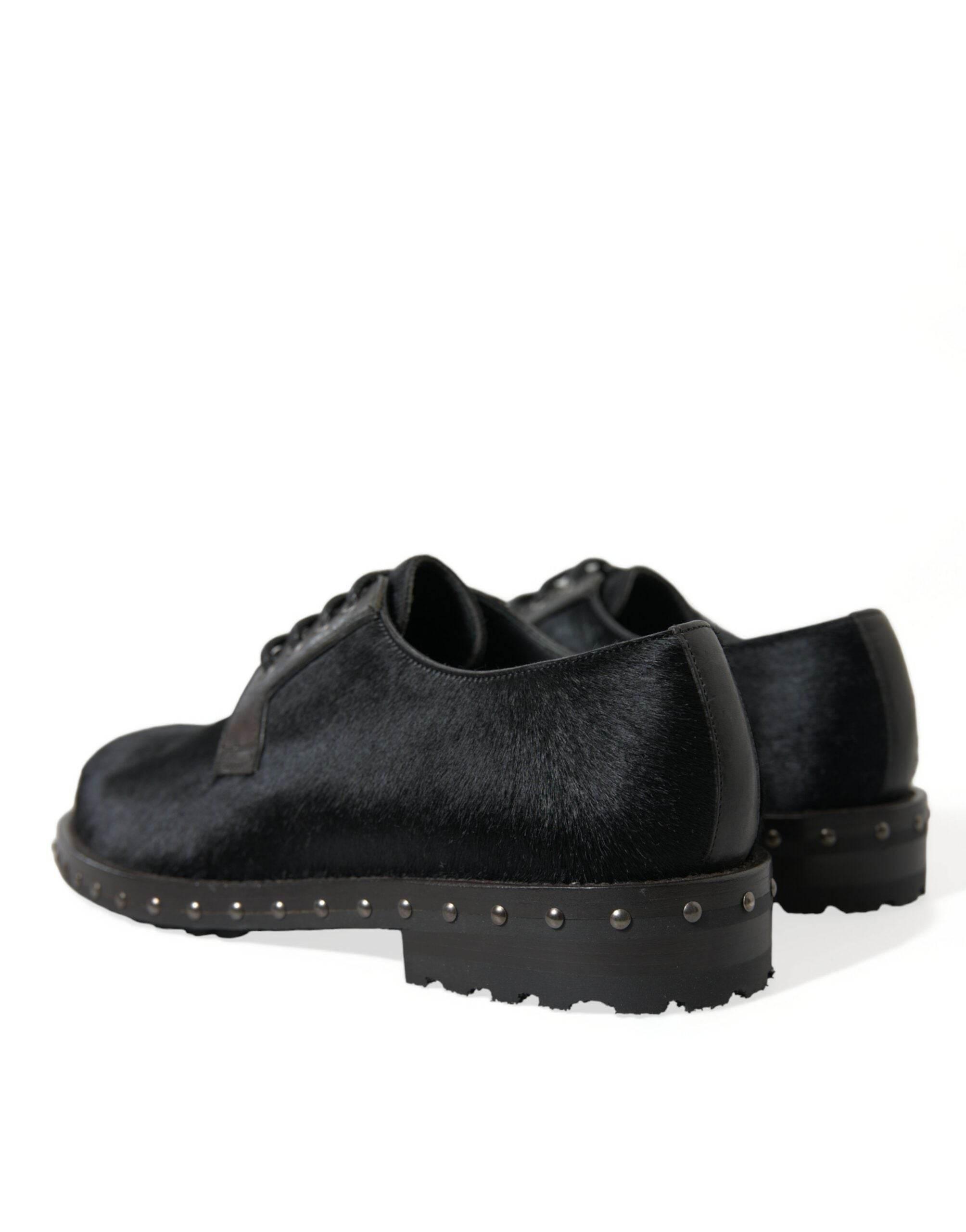 Dolce & Gabbana Elegant Black Calf Fur Derby Shoes - Hilstor