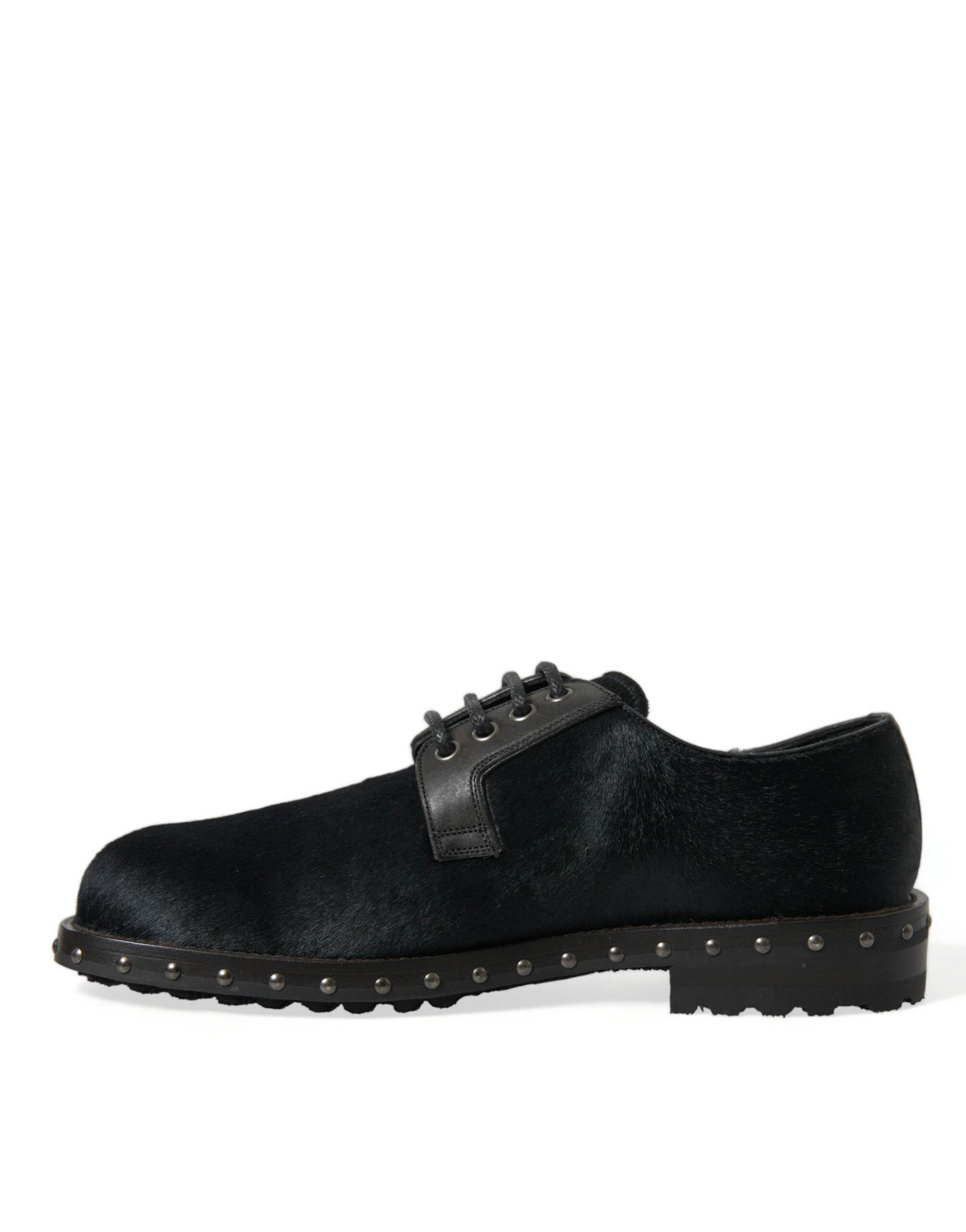 Dolce & Gabbana Elegant Black Calf Fur Derby Shoes - Hilstor