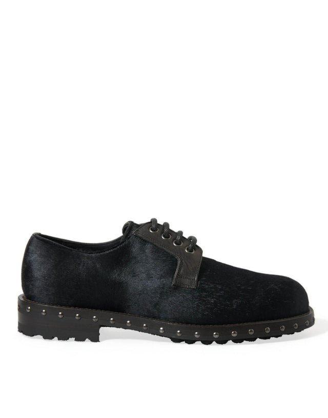 Dolce & Gabbana Elegant Black Calf Fur Derby Shoes - Hilstor