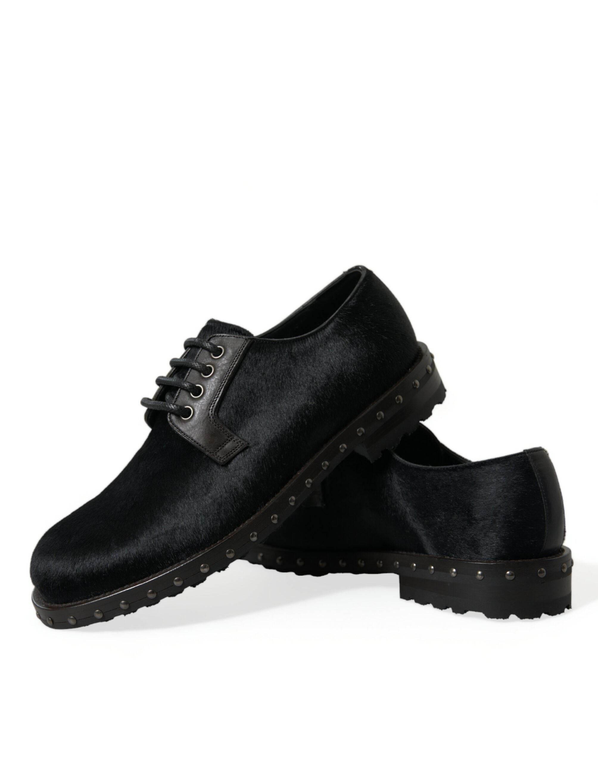 Dolce & Gabbana Elegant Black Calf Fur Derby Shoes - Hilstor