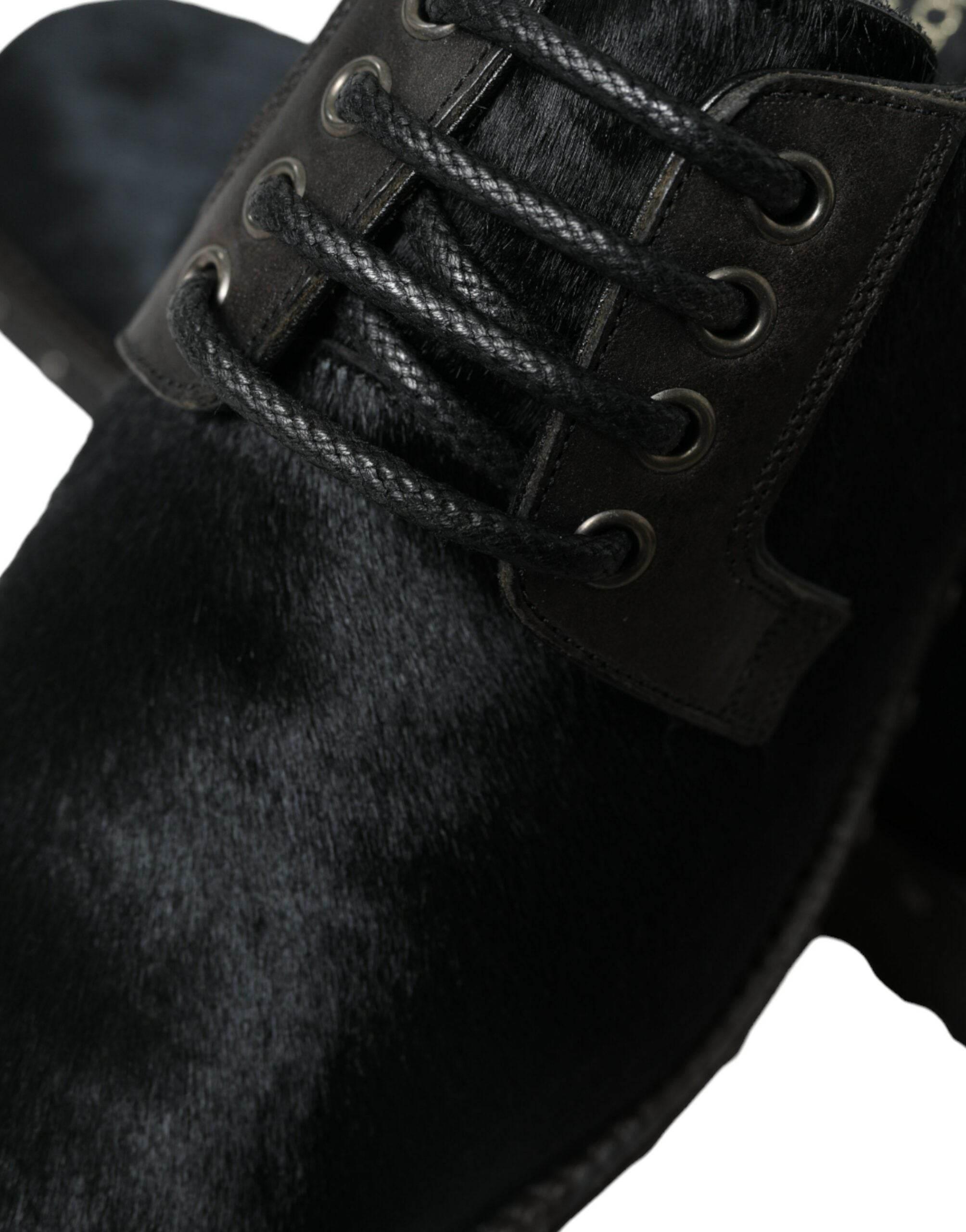 Dolce & Gabbana Elegant Black Calf Fur Derby Shoes - Hilstor